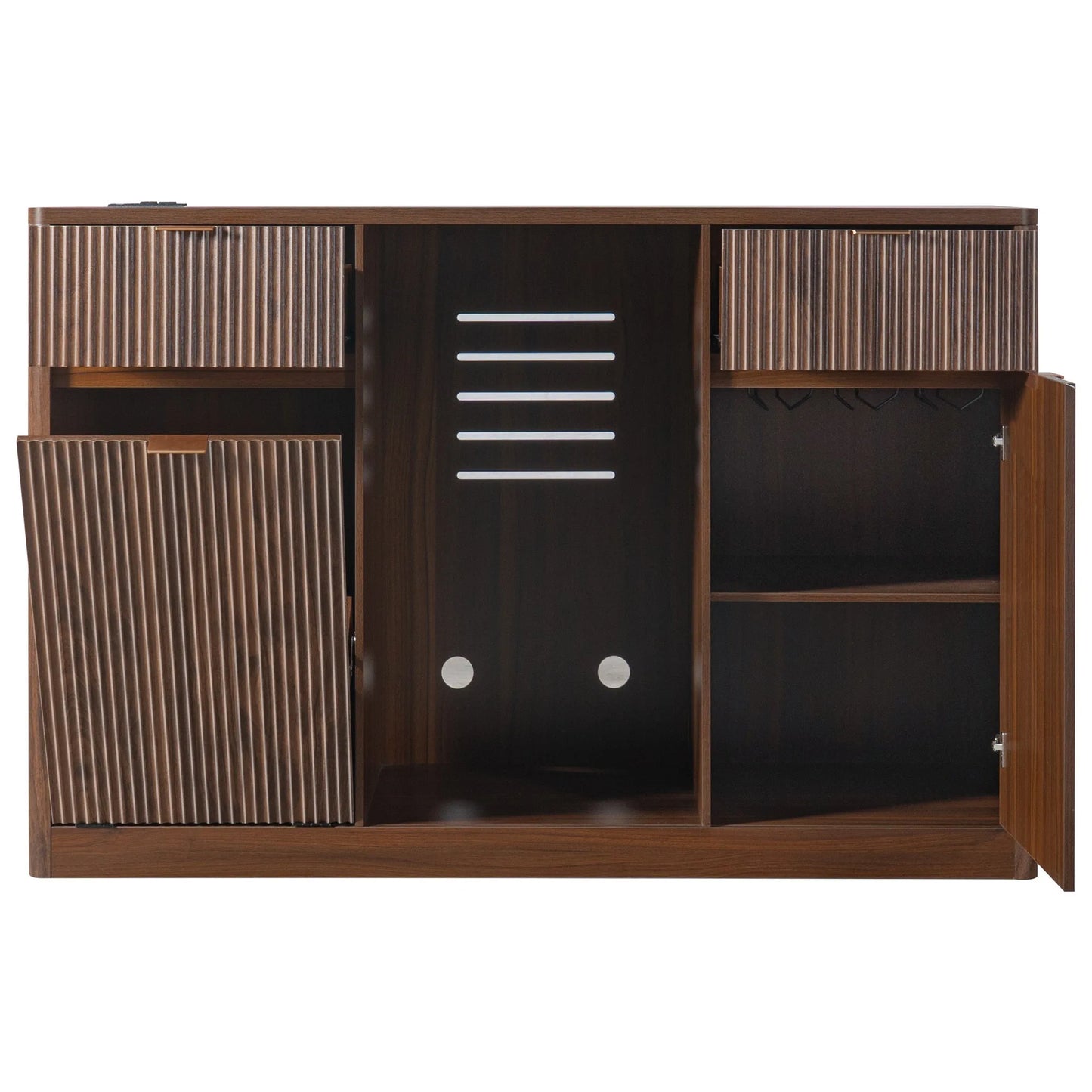 K&K 59' Coffee Bar Cabinet with Fridge Space & Tilt-Out Trash Cabinet, Mini Fridge Wine Cabinet with Storage/Charging Station, Fluted Buffet Sideboard with Glass Holder for Dining Room, Natural Oak detail view 81