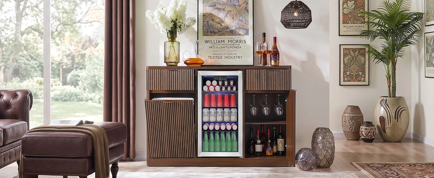 K&K 59' Coffee Bar Cabinet with Fridge Space & Tilt-Out Trash Cabinet, Mini Fridge Wine Cabinet with Storage/Charging Station, Fluted Buffet Sideboard with Glass Holder for Dining Room, Natural Oak detail view 84