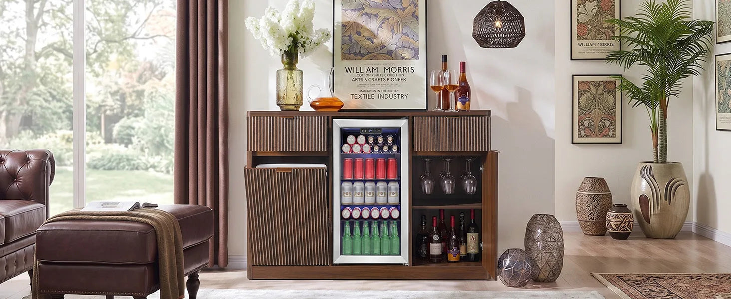 K&K 59' Coffee Bar Cabinet with Fridge Space & Tilt-Out Trash Cabinet, Mini Fridge Wine Cabinet with Storage/Charging Station, Fluted Buffet Sideboard with Glass Holder for Dining Room, Natural Oak detail view 84