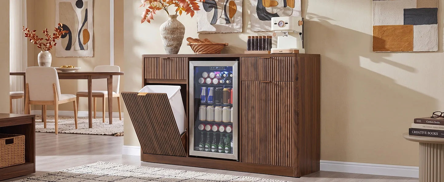 K&K 59' Coffee Bar Cabinet with Fridge Space & Tilt-Out Trash Cabinet, Mini Fridge Wine Cabinet with Storage/Charging Station, Fluted Buffet Sideboard with Glass Holder for Dining Room, Natural Oak detail view 85