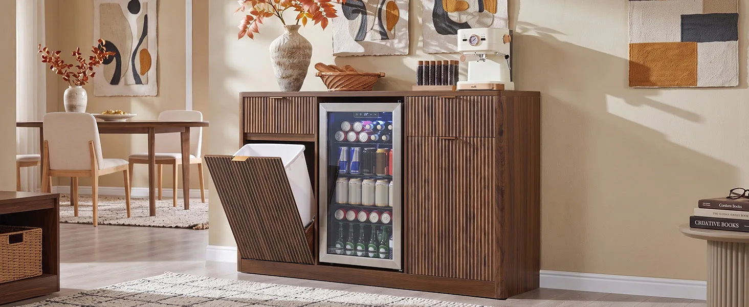 K&K 59' Coffee Bar Cabinet with Fridge Space & Tilt-Out Trash Cabinet, Mini Fridge Wine Cabinet with Storage/Charging Station, Fluted Buffet Sideboard with Glass Holder for Dining Room, Natural Oak detail view 85