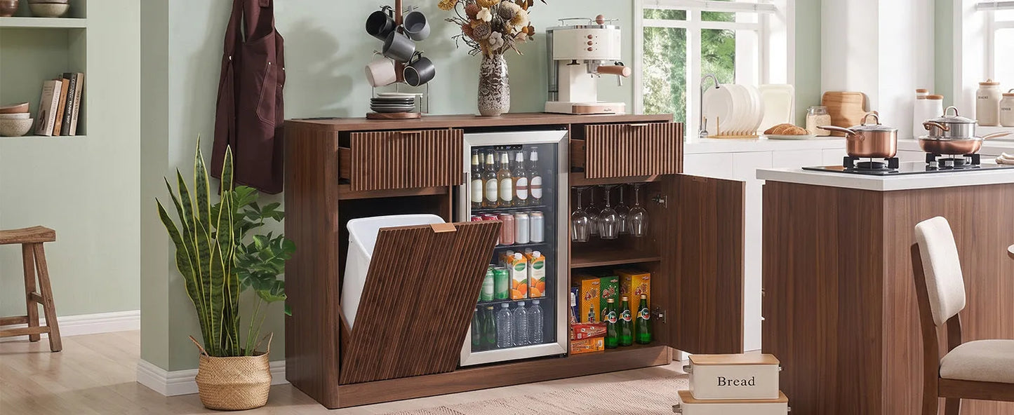 K&K 59' Coffee Bar Cabinet with Fridge Space & Tilt-Out Trash Cabinet, Mini Fridge Wine Cabinet with Storage/Charging Station, Fluted Buffet Sideboard with Glass Holder for Dining Room, Natural Oak detail view 87