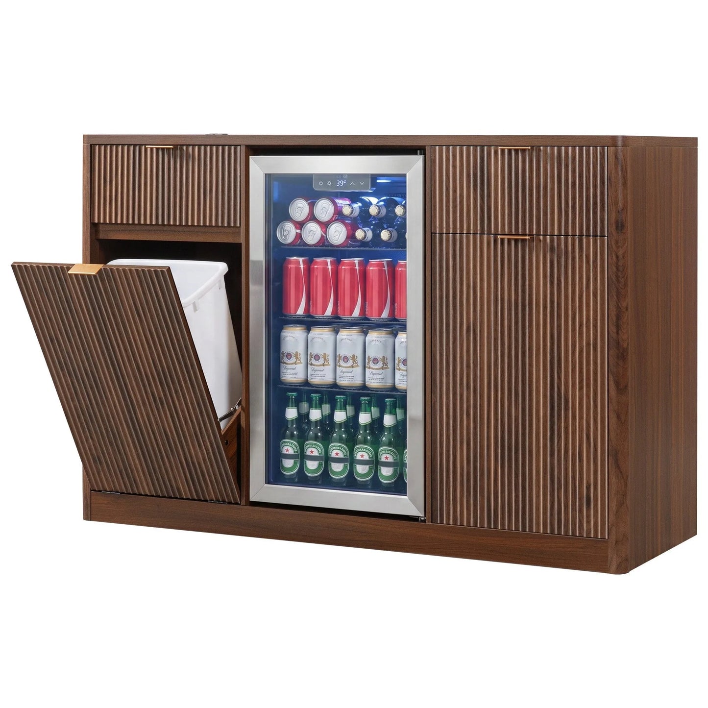 K&K 59' Coffee Bar Cabinet with Fridge Space & Tilt-Out Trash Cabinet, Mini Fridge Wine Cabinet with Storage/Charging Station, Fluted Buffet Sideboard with Glass Holder for Dining Room, Natural Oak detail view 88