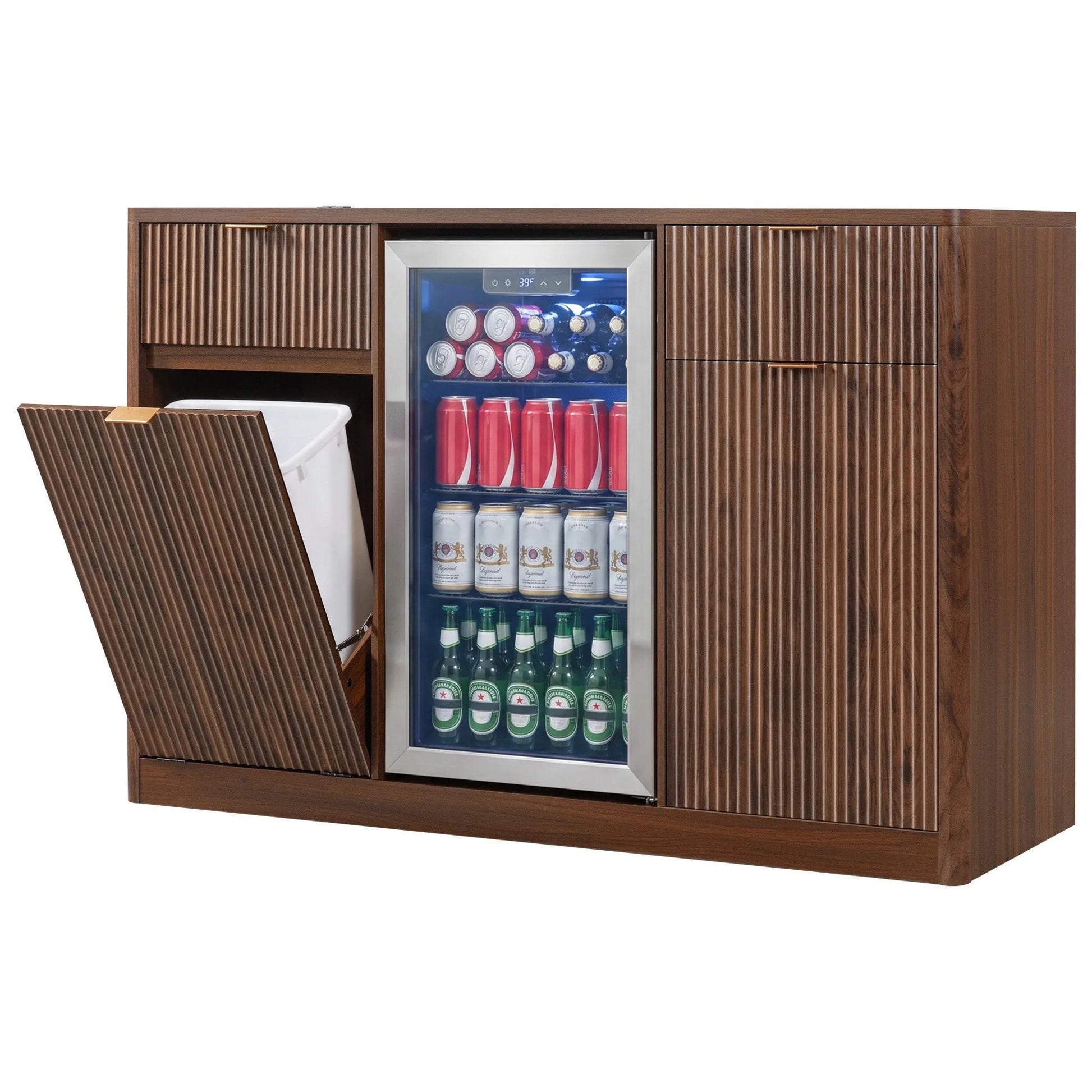 K&K 59' Coffee Bar Cabinet with Fridge Space & Tilt-Out Trash Cabinet, Mini Fridge Wine Cabinet with Storage/Charging Station, Fluted Buffet Sideboard with Glass Holder for Dining Room, Natural Oak detail view 88