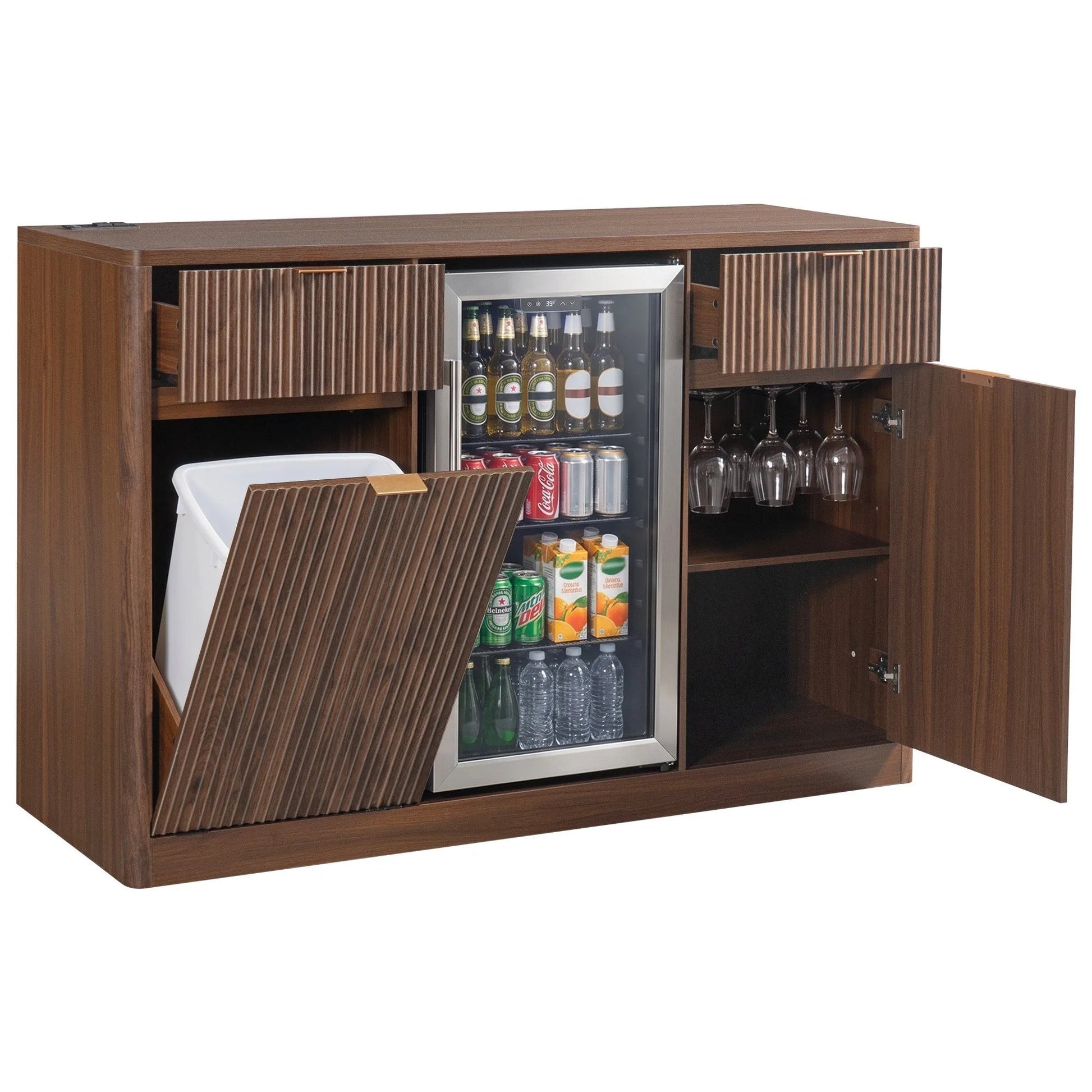 K&K 59' Coffee Bar Cabinet with Fridge Space & Tilt-Out Trash Cabinet, Mini Fridge Wine Cabinet with Storage/Charging Station, Fluted Buffet Sideboard with Glass Holder for Dining Room, Natural Oak detail view 89