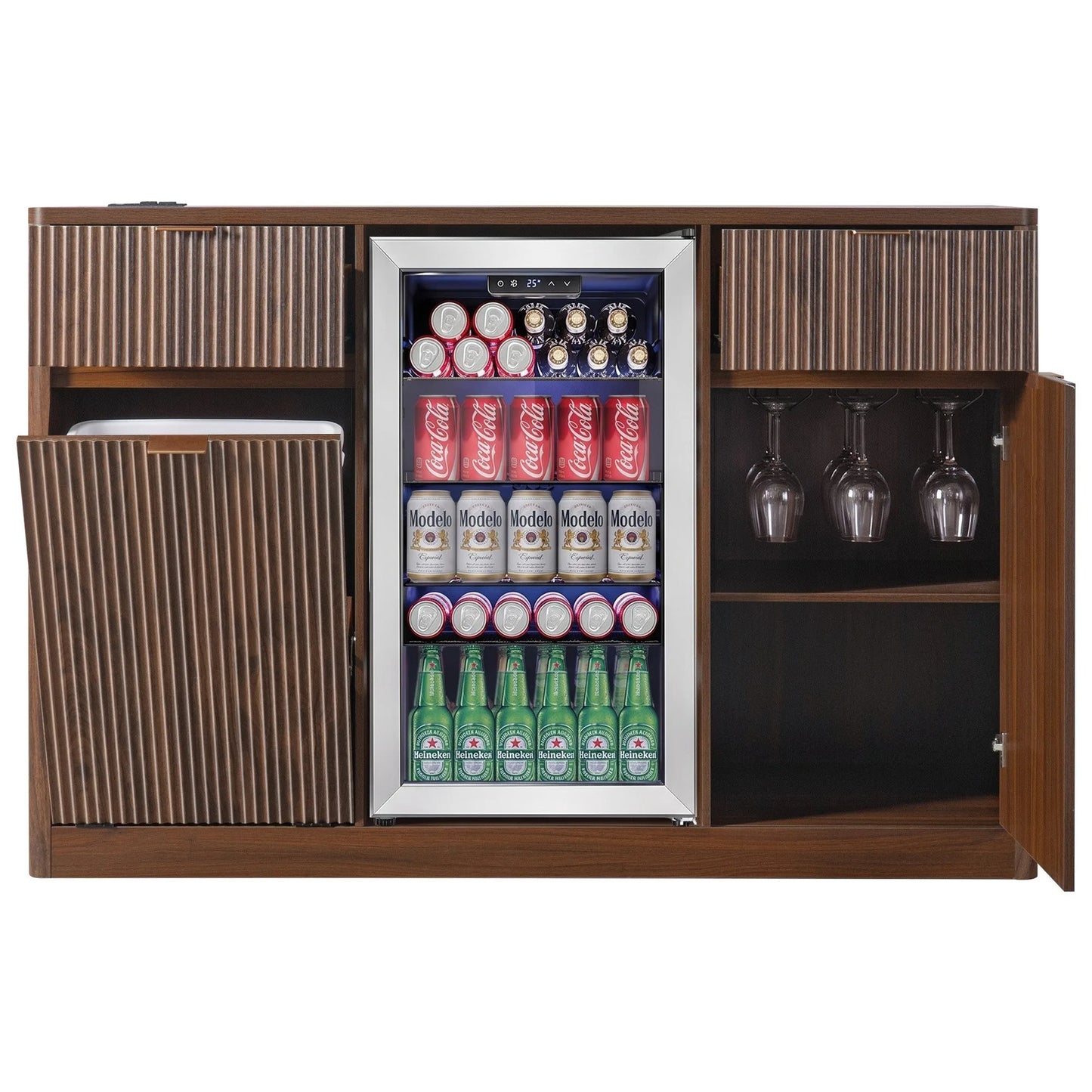 K&K 59' Coffee Bar Cabinet with Fridge Space & Tilt-Out Trash Cabinet, Mini Fridge Wine Cabinet with Storage/Charging Station, Fluted Buffet Sideboard with Glass Holder for Dining Room, Natural Oak detail view 90
