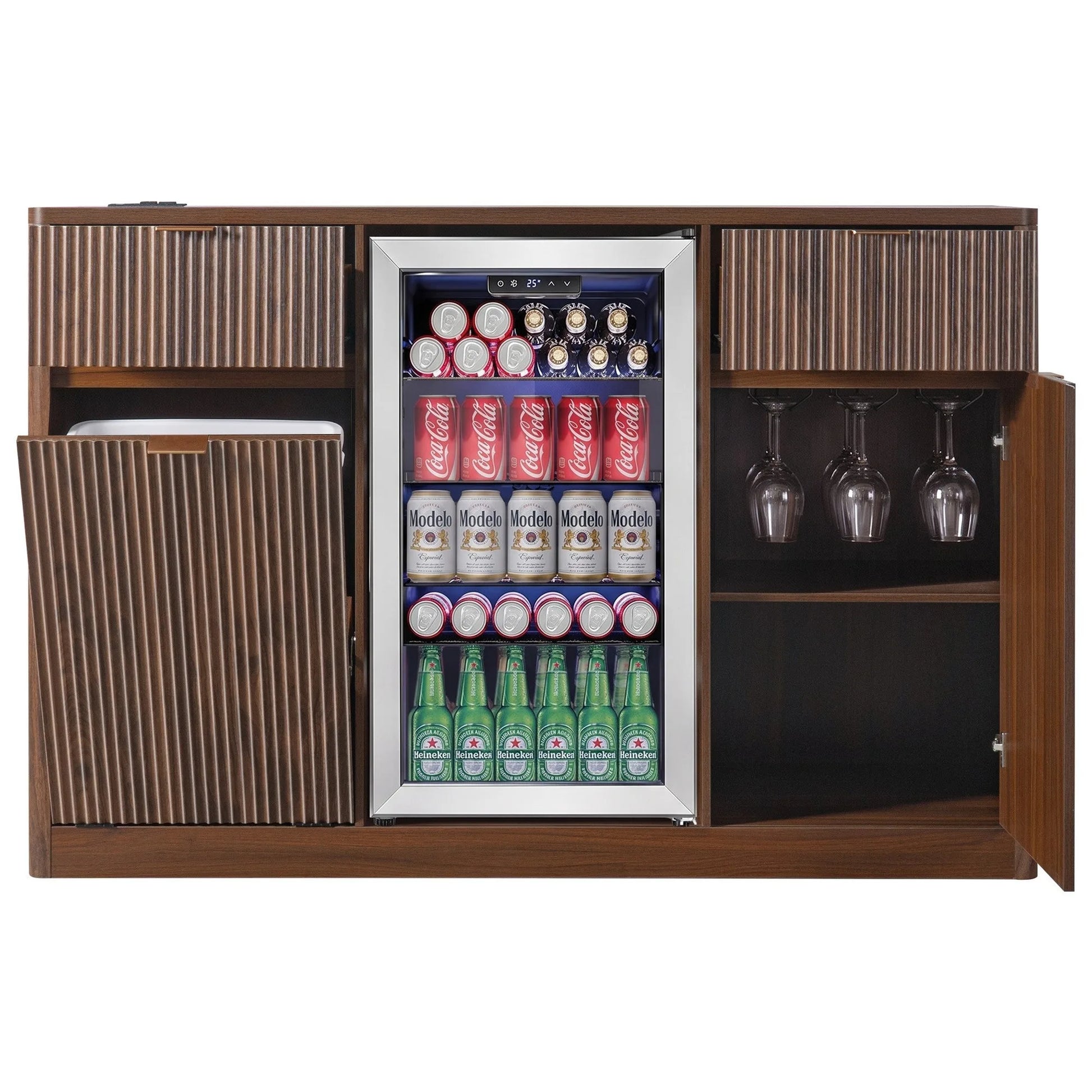 K&K 59' Coffee Bar Cabinet with Fridge Space & Tilt-Out Trash Cabinet, Mini Fridge Wine Cabinet with Storage/Charging Station, Fluted Buffet Sideboard with Glass Holder for Dining Room, Natural Oak detail view 90