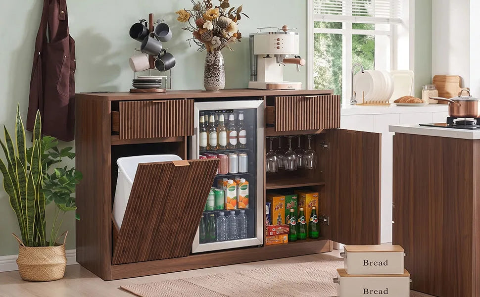 K&K 59' Coffee Bar Cabinet with Fridge Space & Tilt-Out Trash Cabinet, Mini Fridge Wine Cabinet with Storage/Charging Station, Fluted Buffet Sideboard with Glass Holder for Dining Room, Natural Oak detail view 92