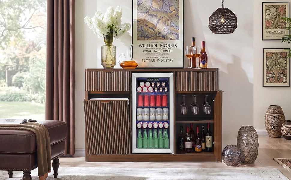 K&K 59' Coffee Bar Cabinet with Fridge Space & Tilt-Out Trash Cabinet, Mini Fridge Wine Cabinet with Storage/Charging Station, Fluted Buffet Sideboard with Glass Holder for Dining Room, Natural Oak detail view 94
