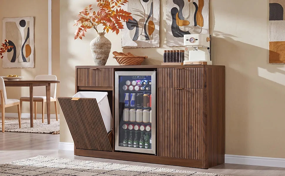 K&K 59' Coffee Bar Cabinet with Fridge Space & Tilt-Out Trash Cabinet, Mini Fridge Wine Cabinet with Storage/Charging Station, Fluted Buffet Sideboard with Glass Holder for Dining Room, Natural Oak detail view 95