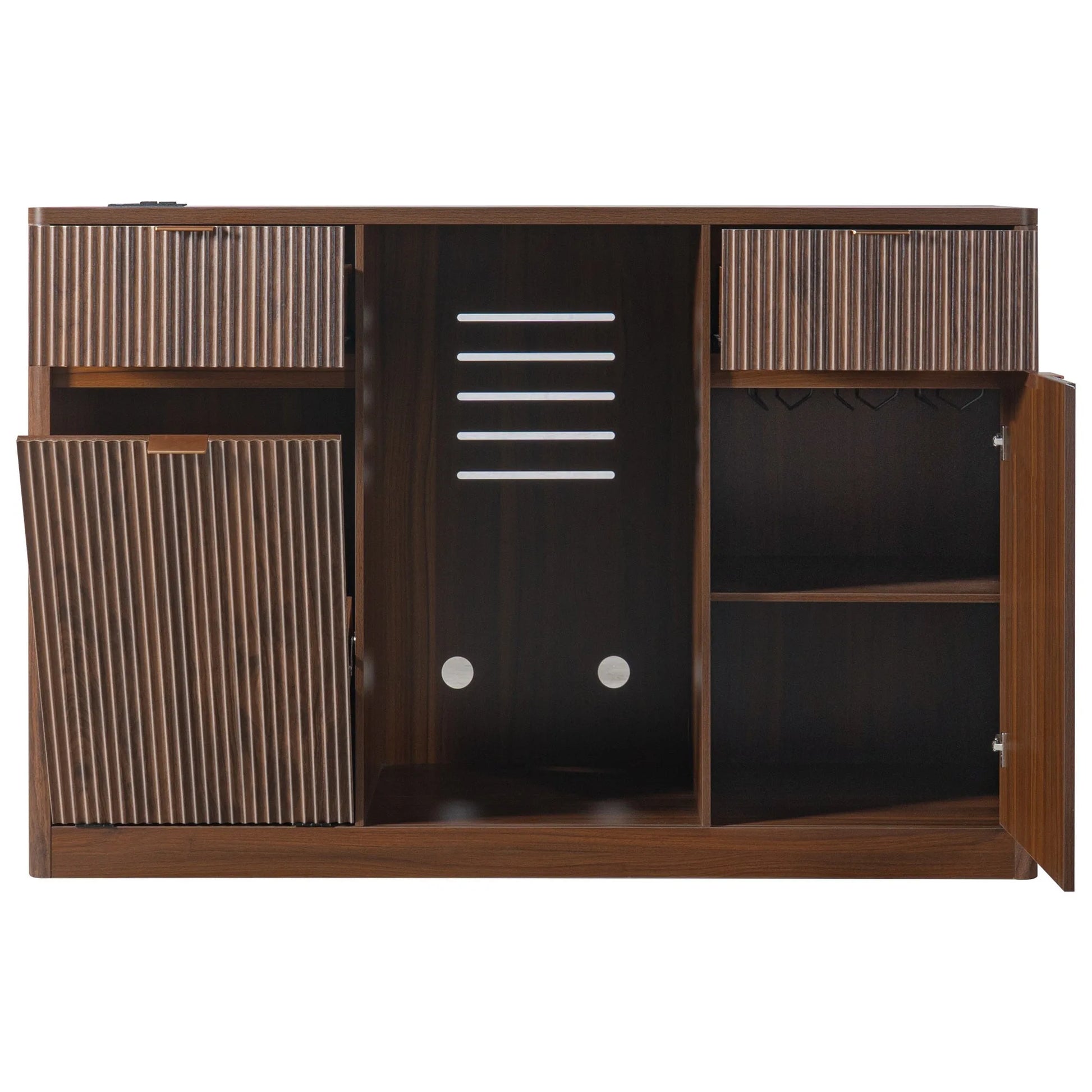 K&K 59' Coffee Bar Cabinet with Fridge Space & Tilt-Out Trash Cabinet, Mini Fridge Wine Cabinet with Storage/Charging Station, Fluted Buffet Sideboard with Glass Holder for Dining Room, Natural Oak detail view 105
