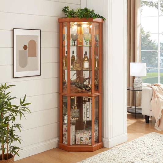 Corner Lighted Curio Cabinet Corner Glass Cabinet Lighted Curio Cabinet Corner Display Case for Living Room, Curio Cabinet, Antique collection, Wine, Bar Glass Storage Light Included, Dark oak lifestyle view