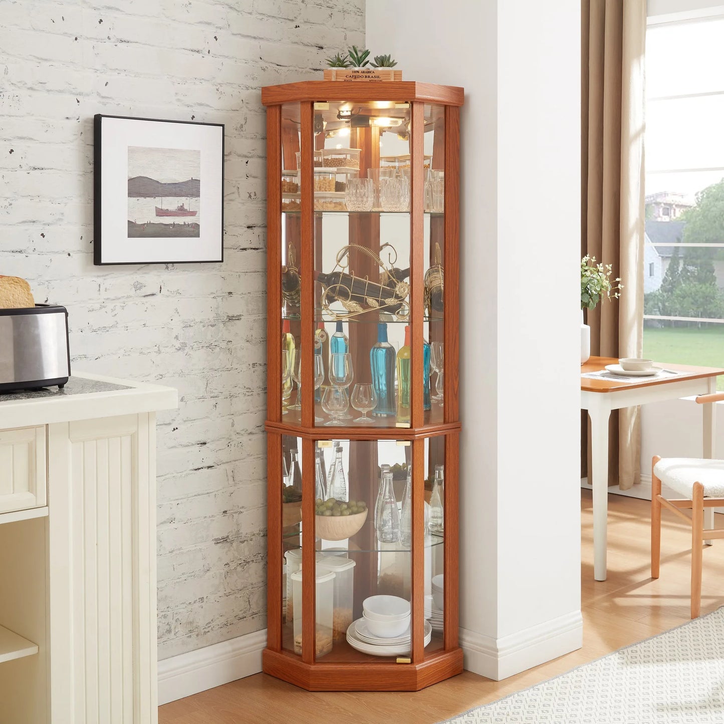 Corner Lighted Curio Cabinet Corner Glass Cabinet Lighted Curio Cabinet Corner Display Case for Living Room, Curio Cabinet, Antique collection, Wine, Bar Glass Storage Light Included, Dark oak detail view 10