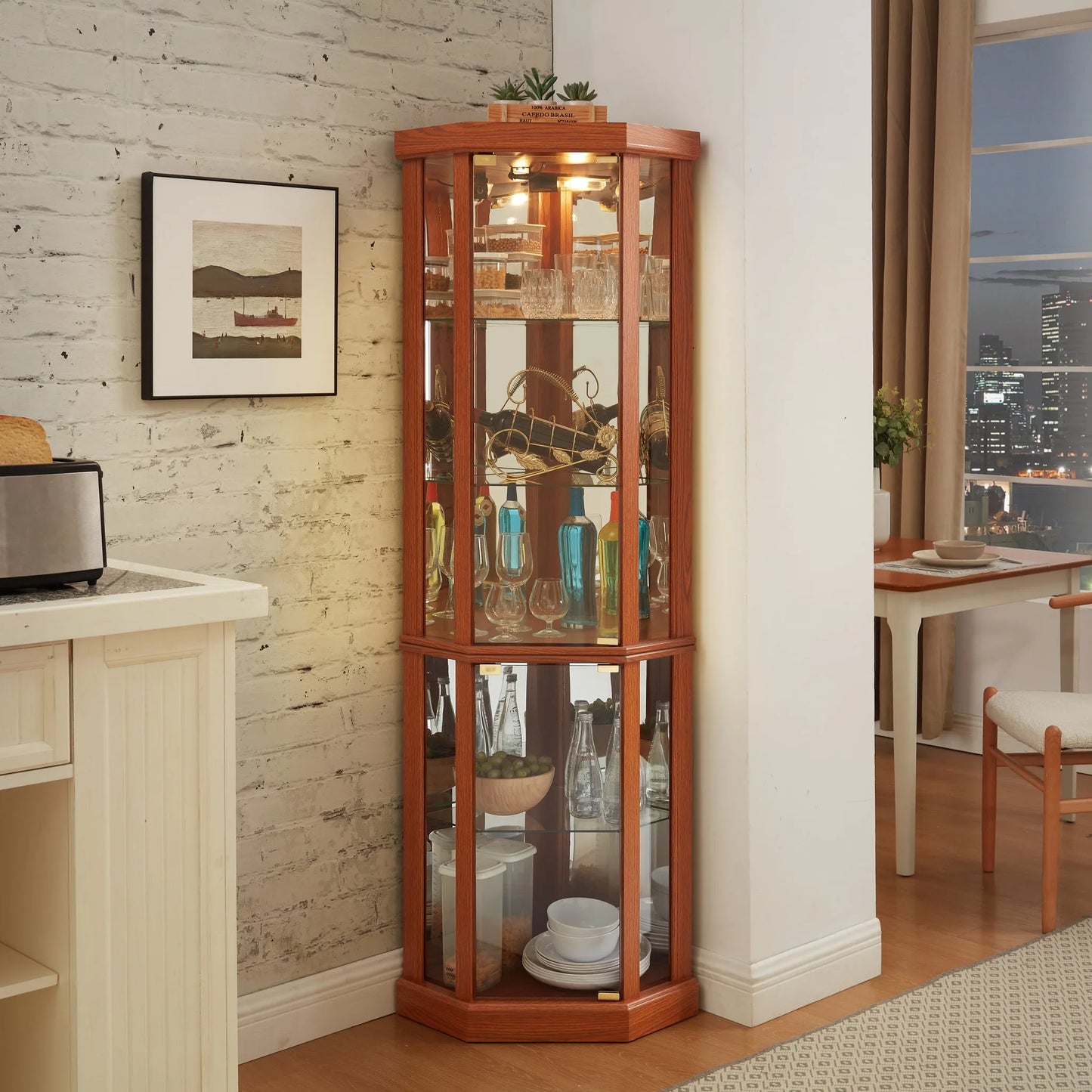 Corner Lighted Curio Cabinet Corner Glass Cabinet Lighted Curio Cabinet Corner Display Case for Living Room, Curio Cabinet, Antique collection, Wine, Bar Glass Storage Light Included, Dark oak detail view 12