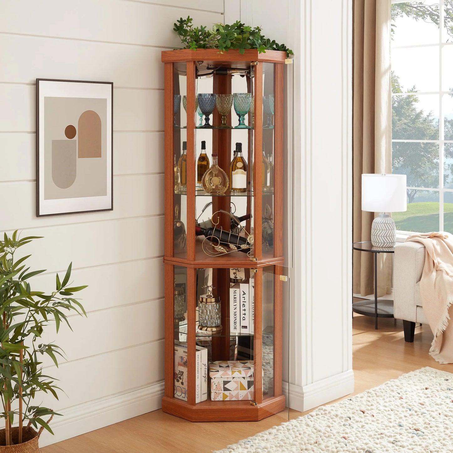 Corner Lighted Curio Cabinet Corner Glass Cabinet Lighted Curio Cabinet Corner Display Case for Living Room, Curio Cabinet, Antique collection, Wine, Bar Glass Storage Light Included, Dark oak detail view 13