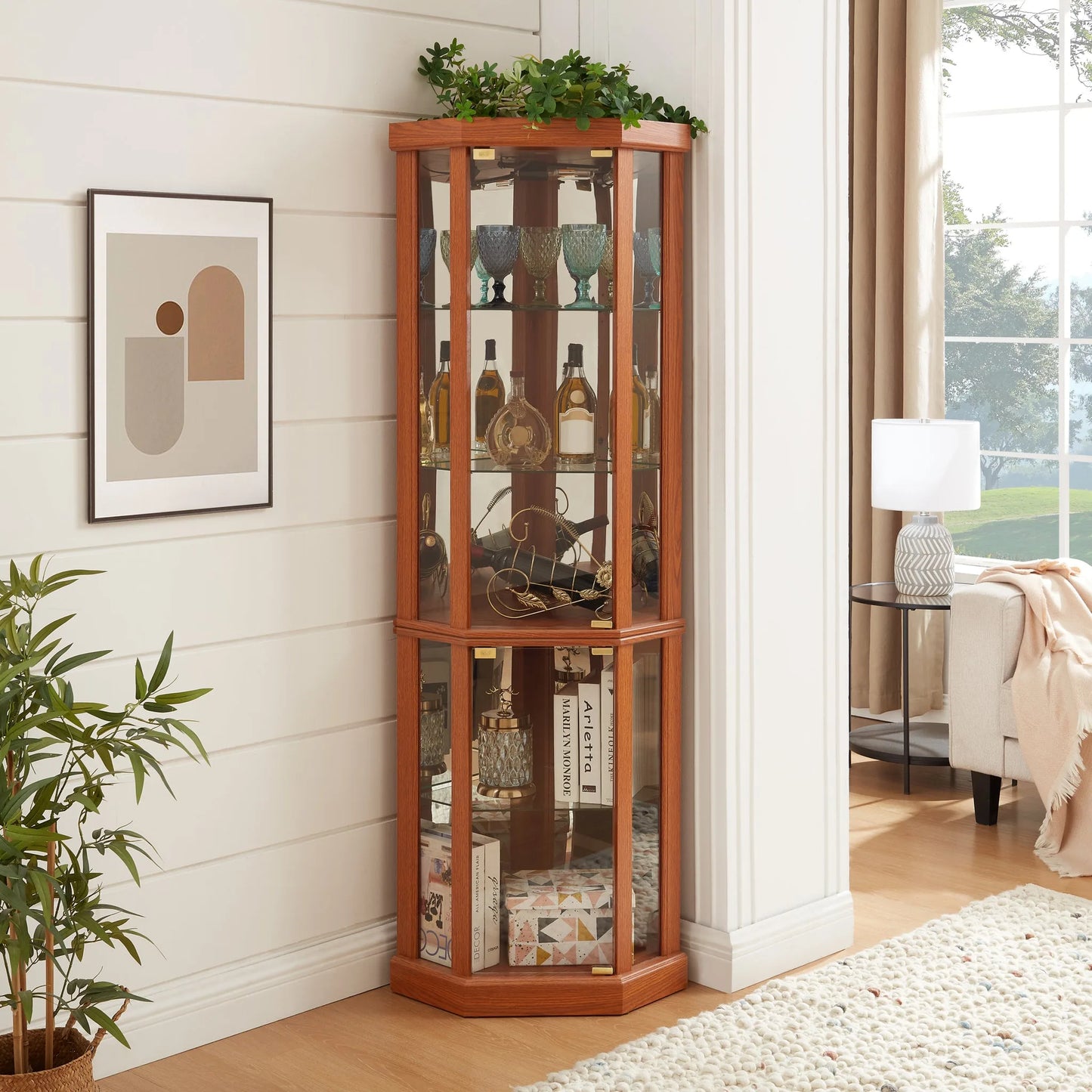 Corner Lighted Curio Cabinet Corner Glass Cabinet Lighted Curio Cabinet Corner Display Case for Living Room, Curio Cabinet, Antique collection, Wine, Bar Glass Storage Light Included, Dark oak detail view 14