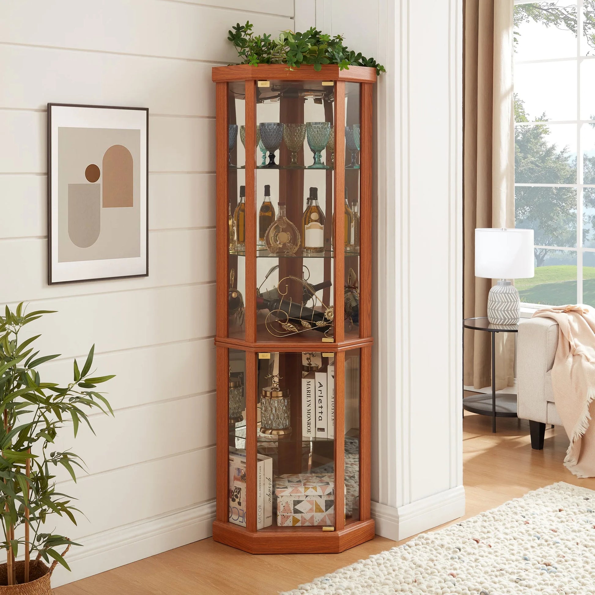 Corner Lighted Curio Cabinet Corner Glass Cabinet Lighted Curio Cabinet Corner Display Case for Living Room, Curio Cabinet, Antique collection, Wine, Bar Glass Storage Light Included, Dark oak detail view 14