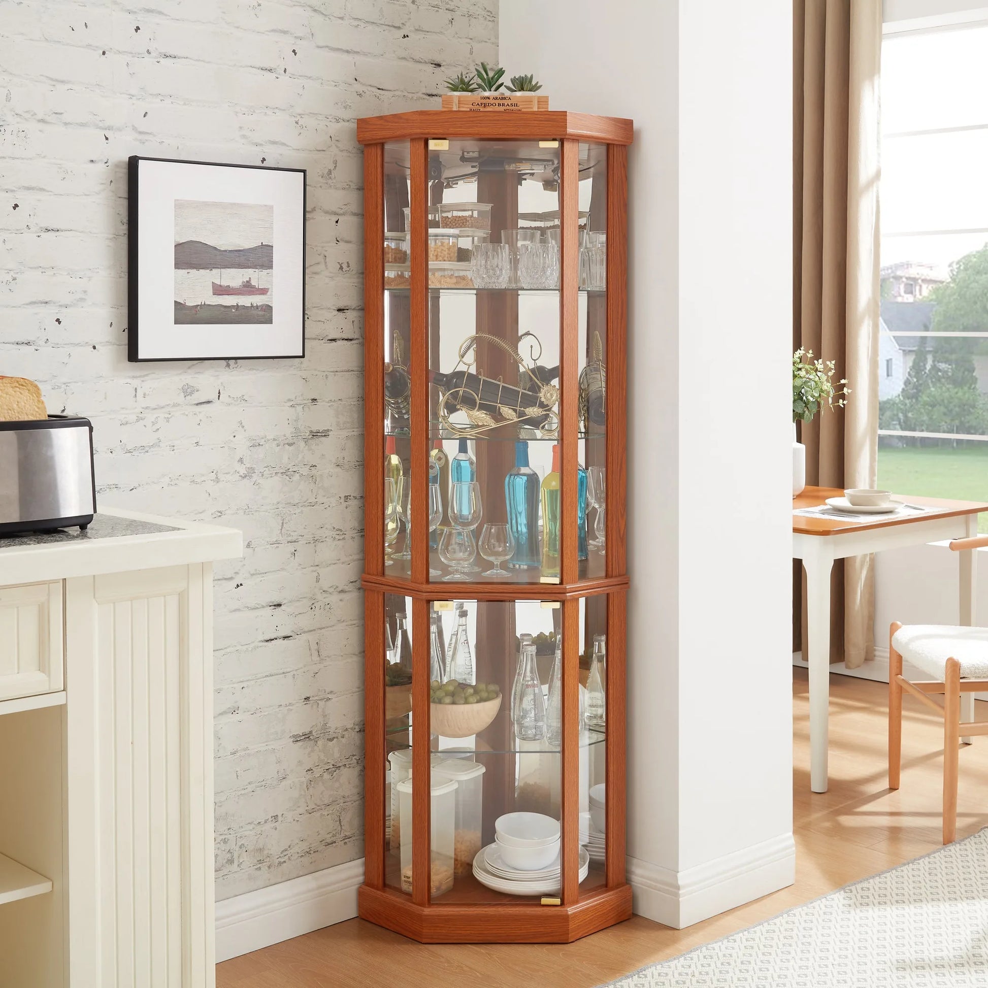 Corner Lighted Curio Cabinet Corner Glass Cabinet Lighted Curio Cabinet Corner Display Case for Living Room, Curio Cabinet, Antique collection, Wine, Bar Glass Storage Light Included, Dark oak detail view 15