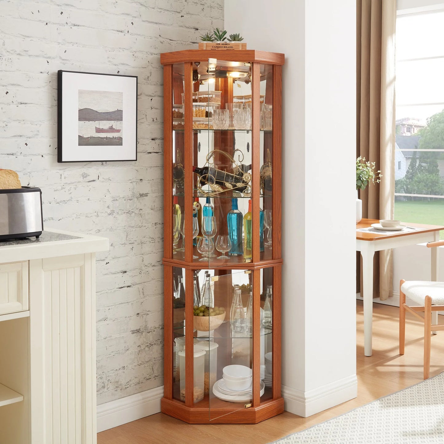 Corner Lighted Curio Cabinet Corner Glass Cabinet Lighted Curio Cabinet Corner Display Case for Living Room, Curio Cabinet, Antique collection, Wine, Bar Glass Storage Light Included, Dark oak detail view 16