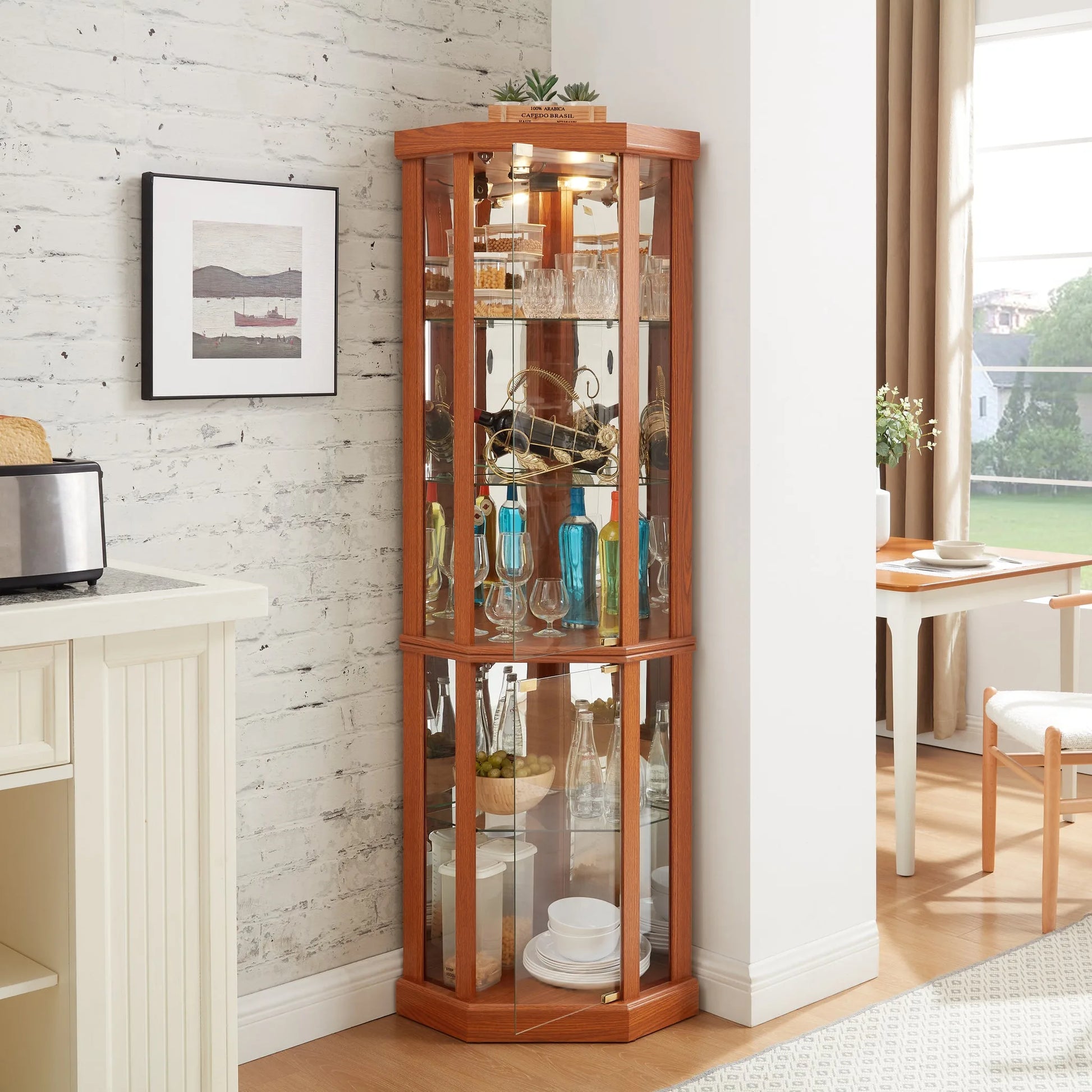 Corner Lighted Curio Cabinet Corner Glass Cabinet Lighted Curio Cabinet Corner Display Case for Living Room, Curio Cabinet, Antique collection, Wine, Bar Glass Storage Light Included, Dark oak detail view 16