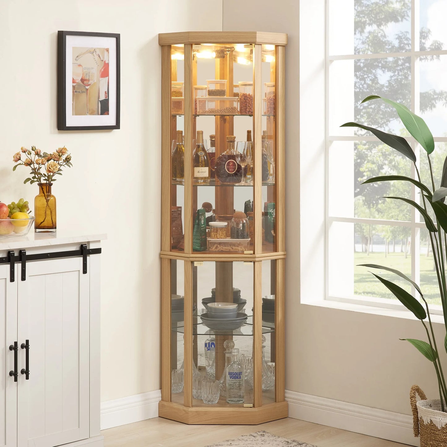 Corner Lighted Curio Cabinet Corner Glass Cabinet Lighted Curio Cabinet Corner Display Case for Living Room, Curio Cabinet, Antique collection, Wine, Bar Glass Storage Light Included, Dark oak detail view 20