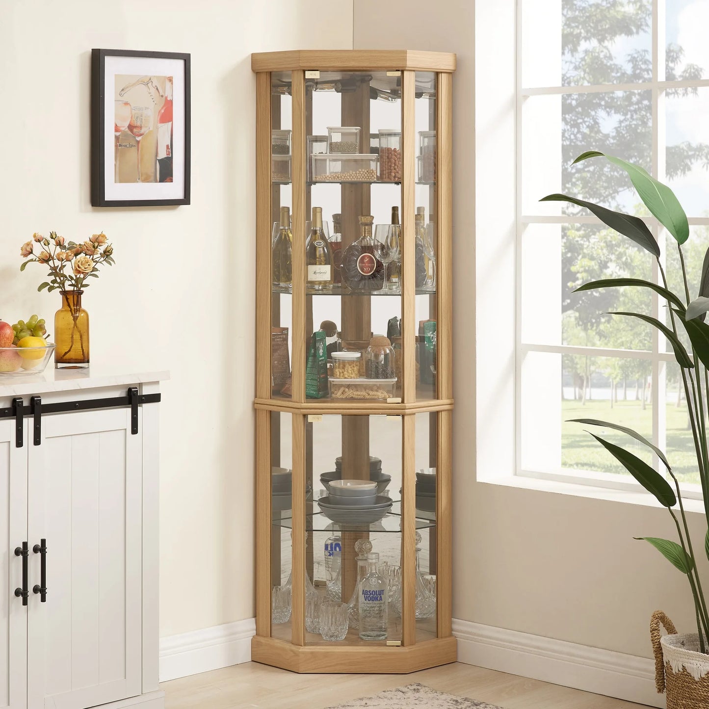 Corner Lighted Curio Cabinet Corner Glass Cabinet Lighted Curio Cabinet Corner Display Case for Living Room, Curio Cabinet, Antique collection, Wine, Bar Glass Storage Light Included, Dark oak detail view 21