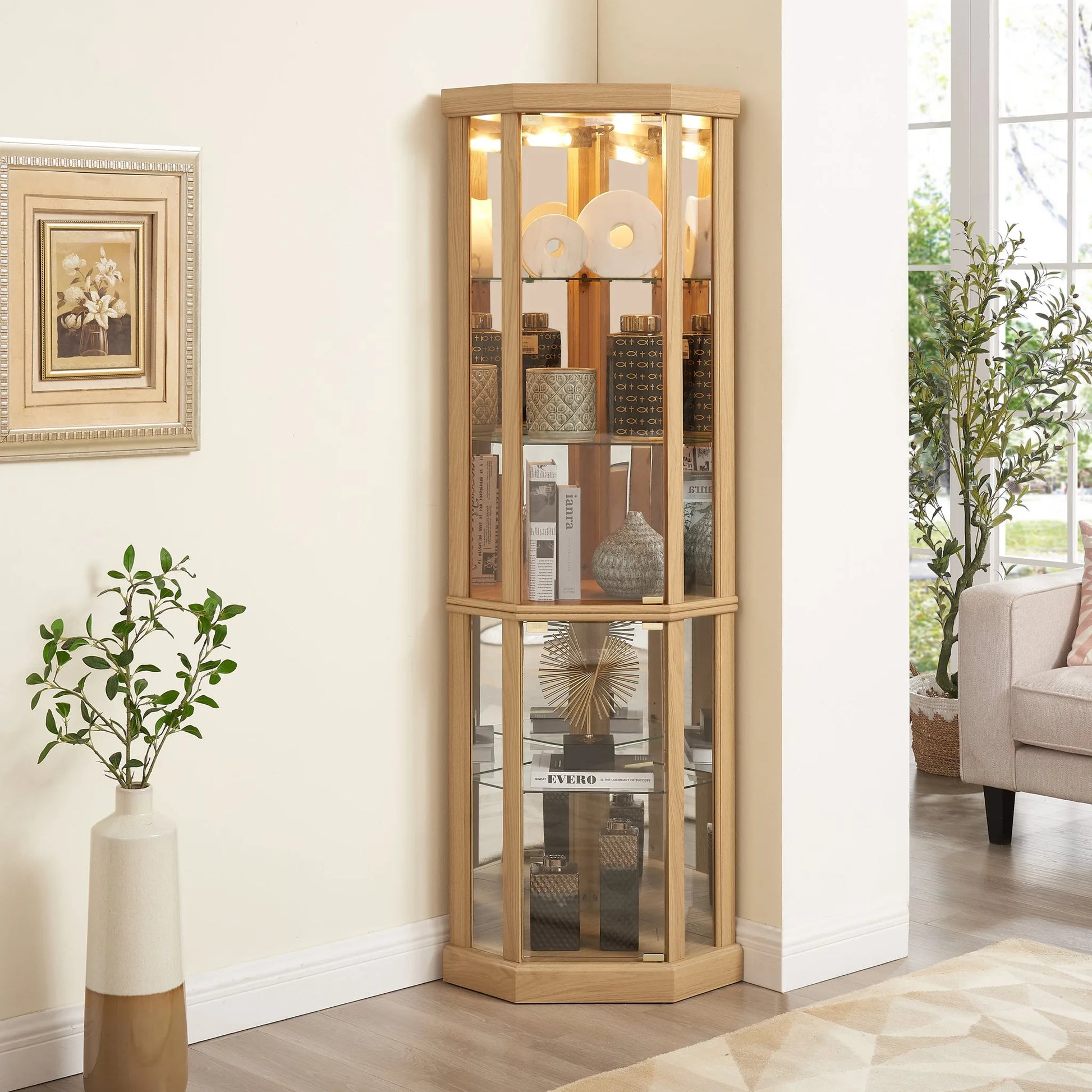 Corner Lighted Curio Cabinet Corner Glass Cabinet Lighted Curio Cabinet Corner Display Case for Living Room, Curio Cabinet, Antique collection, Wine, Bar Glass Storage Light Included, Dark oak detail view 22