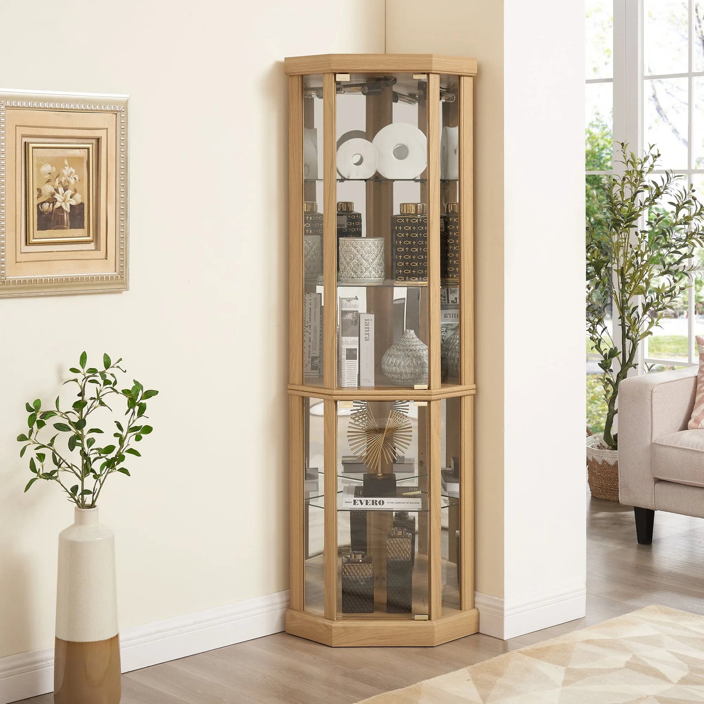 Corner Lighted Curio Cabinet Corner Glass Cabinet Lighted Curio Cabinet Corner Display Case for Living Room, Curio Cabinet, Antique collection, Wine, Bar Glass Storage Light Included, Dark oak detail view 23