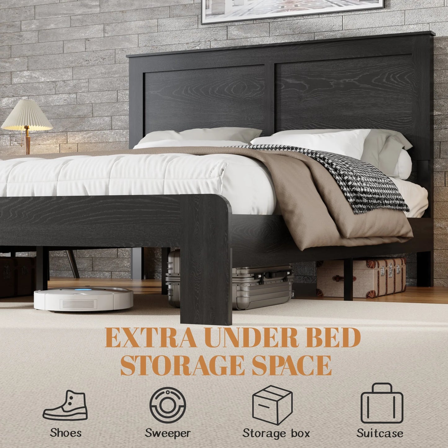 Bed Frame Full Size, Wood Platform Bed Frame, Noise Free, No Box Spring Needed and Easy Assembly Tool, Large Under Bed Storage, Dark Black detail view 3