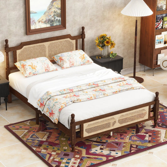 Queen Pine wooden Bed with Rattan Headboard and Footboard, with Central Enhanced Bed Platform, Walnut lifestyle view