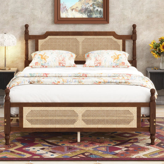 Queen Pine wooden Bed with Rattan Headboard and Footboard, with Central Enhanced Bed Platform, Walnut detail view 2