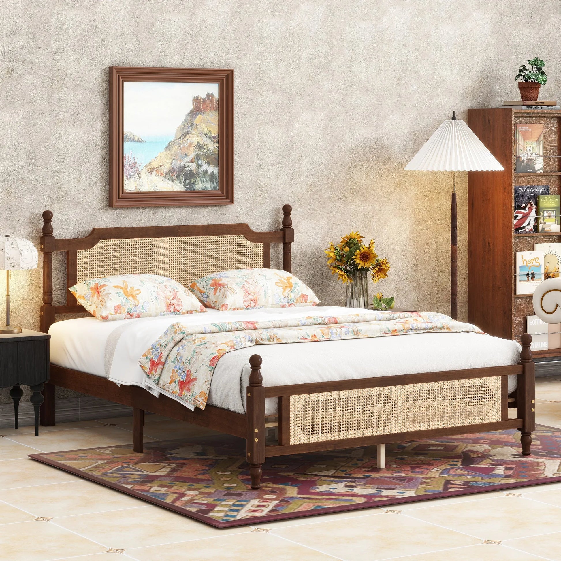 Queen Pine wooden Bed with Rattan Headboard and Footboard, with Central Enhanced Bed Platform, Walnut detail view 3