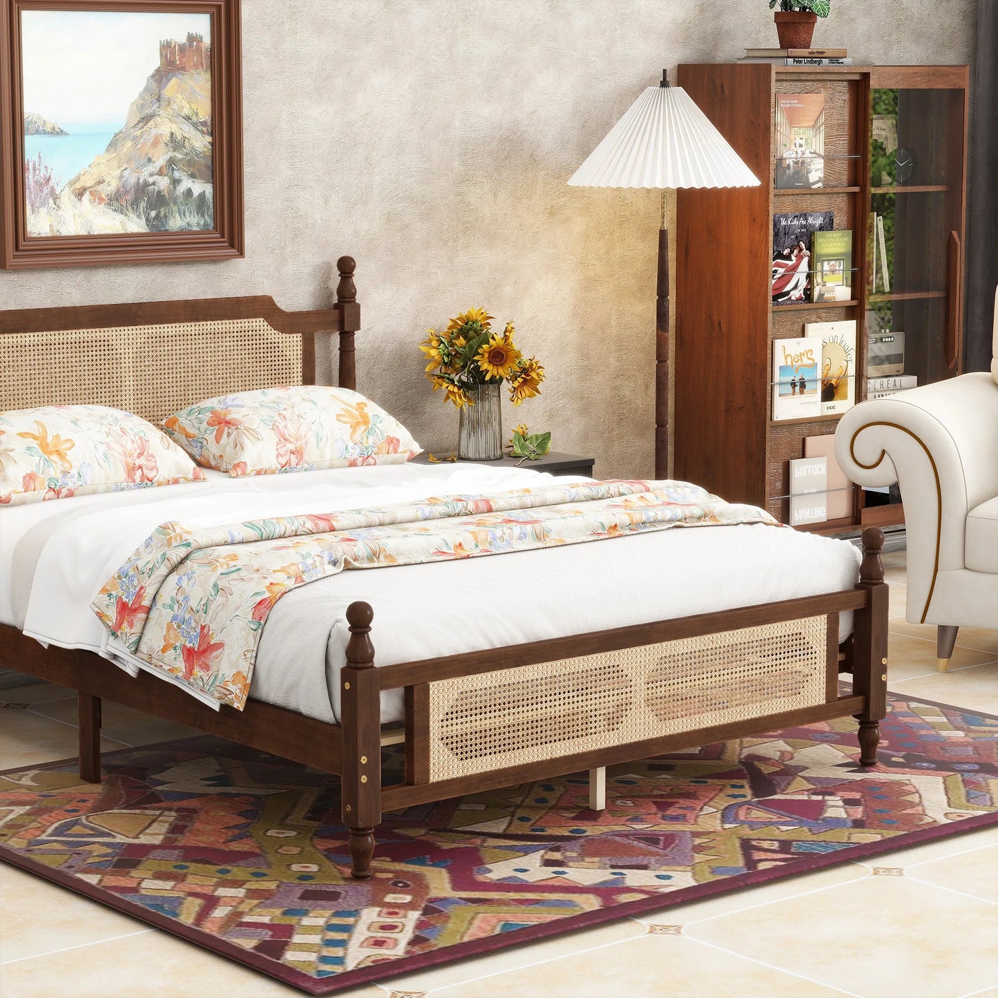 Queen Pine wooden Bed with Rattan Headboard and Footboard, with Central Enhanced Bed Platform, Walnut detail view 4