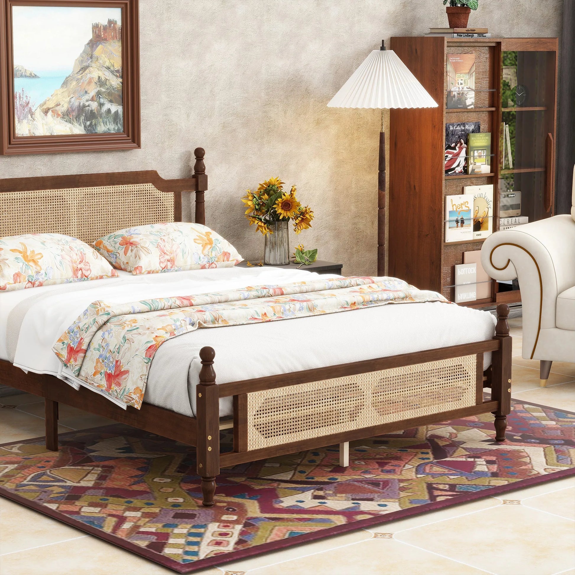 Queen Pine wooden Bed with Rattan Headboard and Footboard, with Central Enhanced Bed Platform, Walnut detail view 4