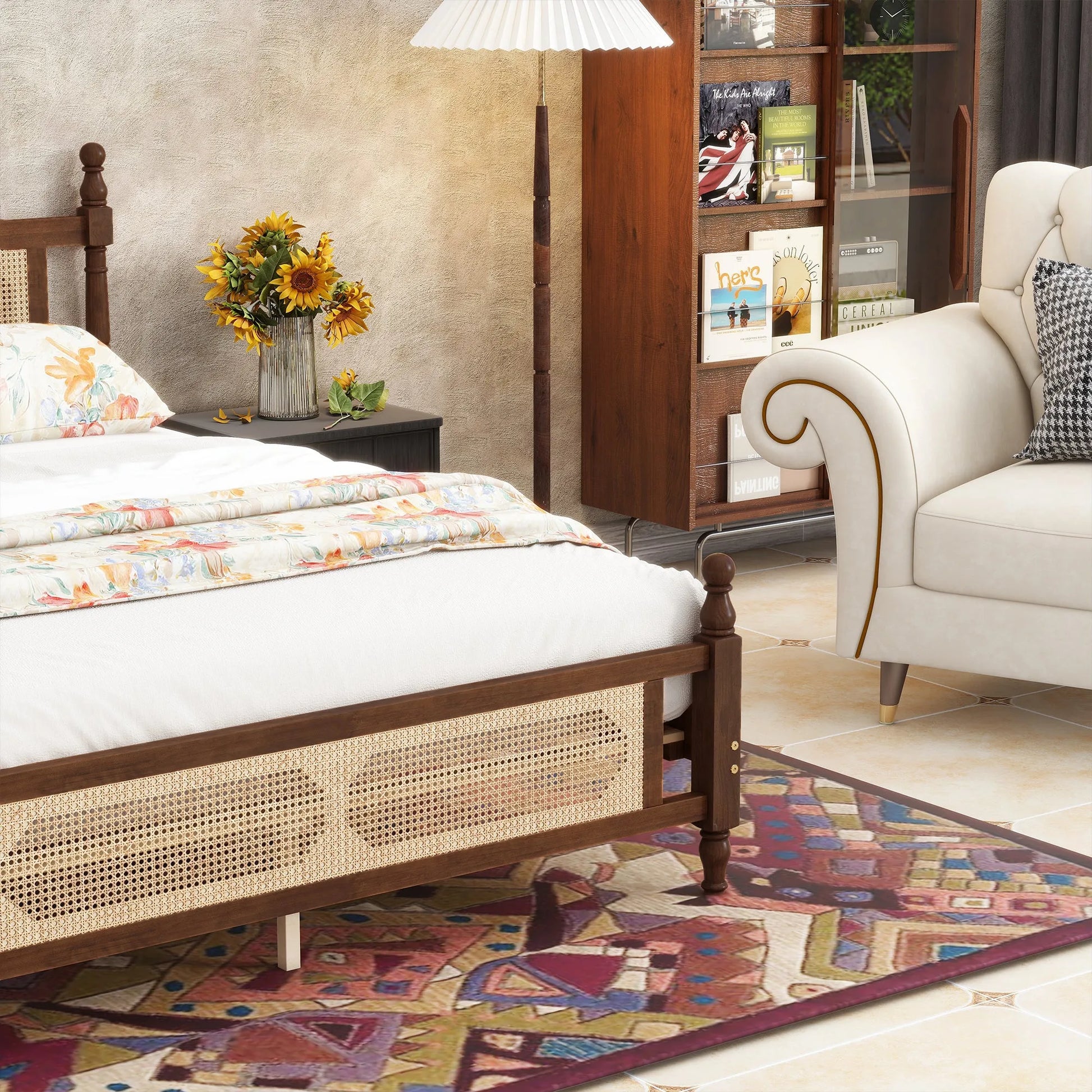 Queen Pine wooden Bed with Rattan Headboard and Footboard, with Central Enhanced Bed Platform, Walnut detail view 5
