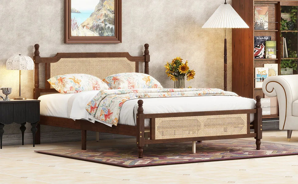 Queen Pine wooden Bed with Rattan Headboard and Footboard, with Central Enhanced Bed Platform, Walnut detail view 6
