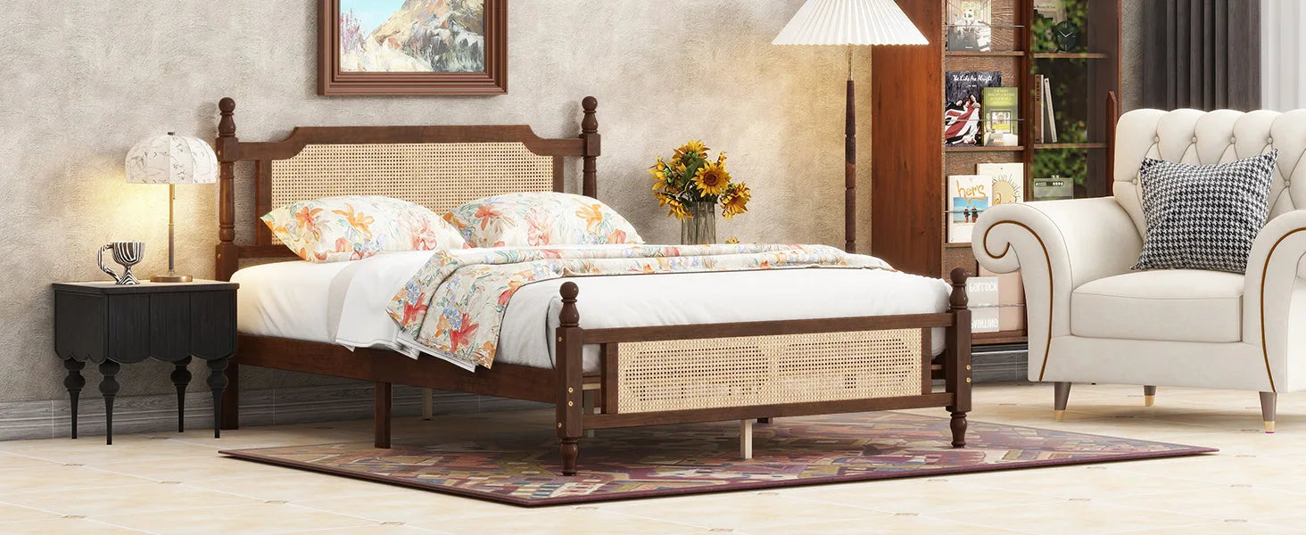 Queen Pine wooden Bed with Rattan Headboard and Footboard, with Central Enhanced Bed Platform, Walnut detail view 7