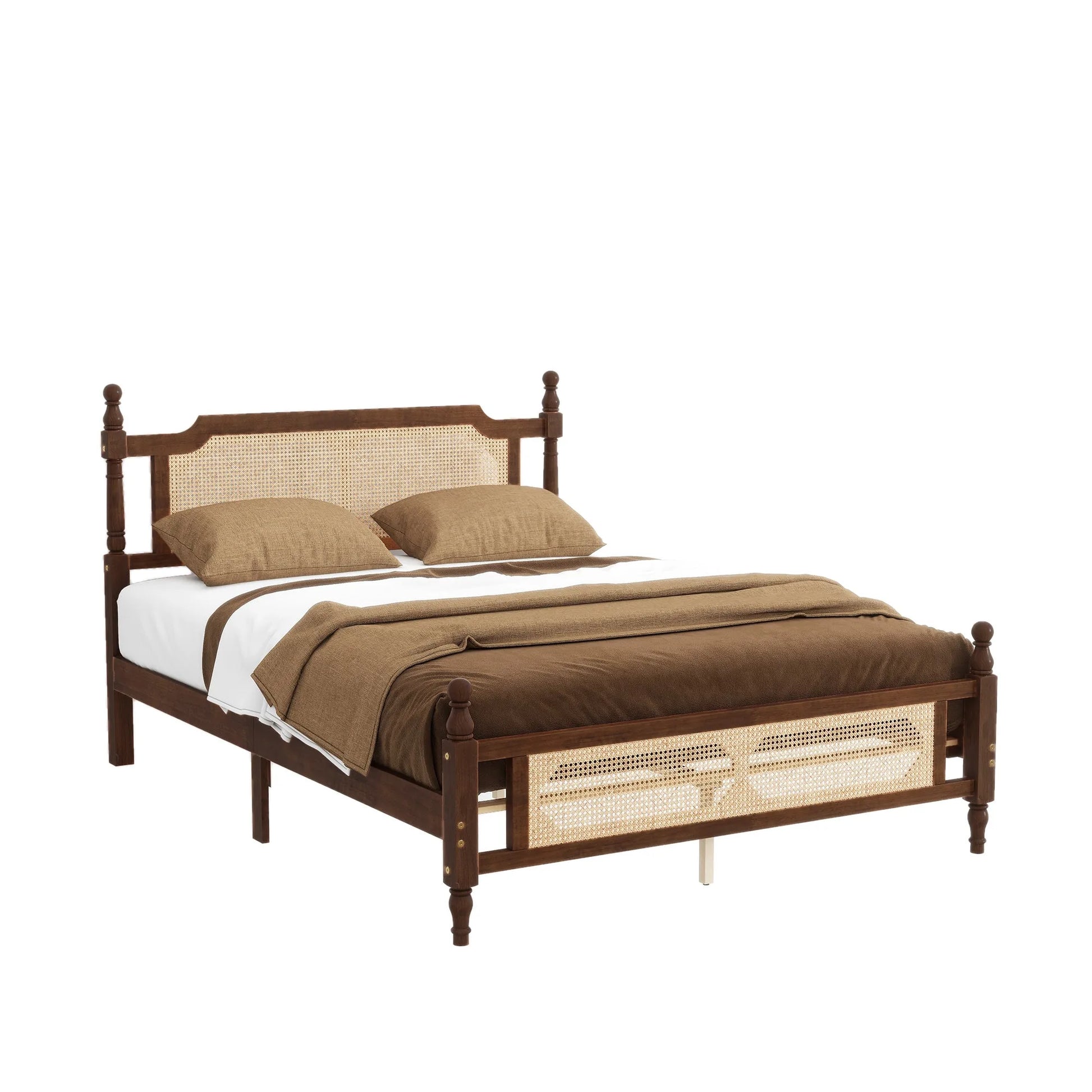 Queen Pine wooden Bed with Rattan Headboard and Footboard, with Central Enhanced Bed Platform, Walnut detail view 8