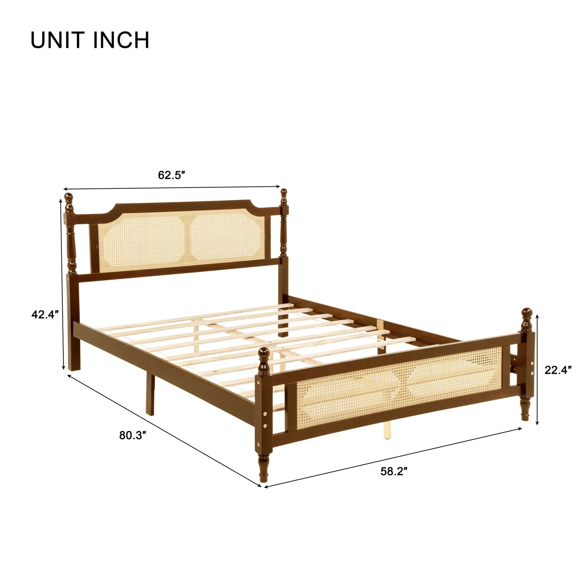 Queen Pine wooden Bed with Rattan Headboard and Footboard, with Central Enhanced Bed Platform, Walnut detail view 9