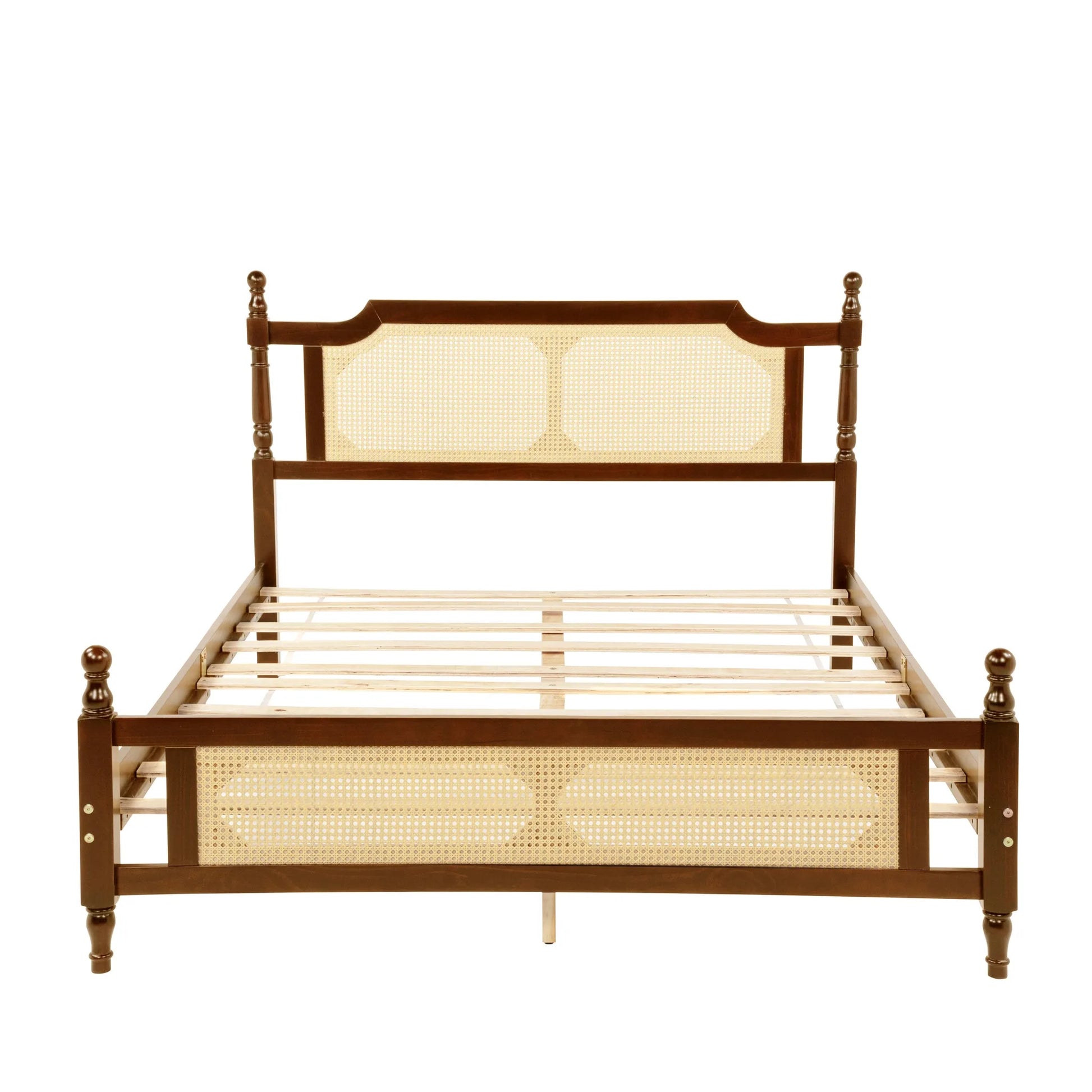 Queen Pine wooden Bed with Rattan Headboard and Footboard, with Central Enhanced Bed Platform, Walnut detail view 10