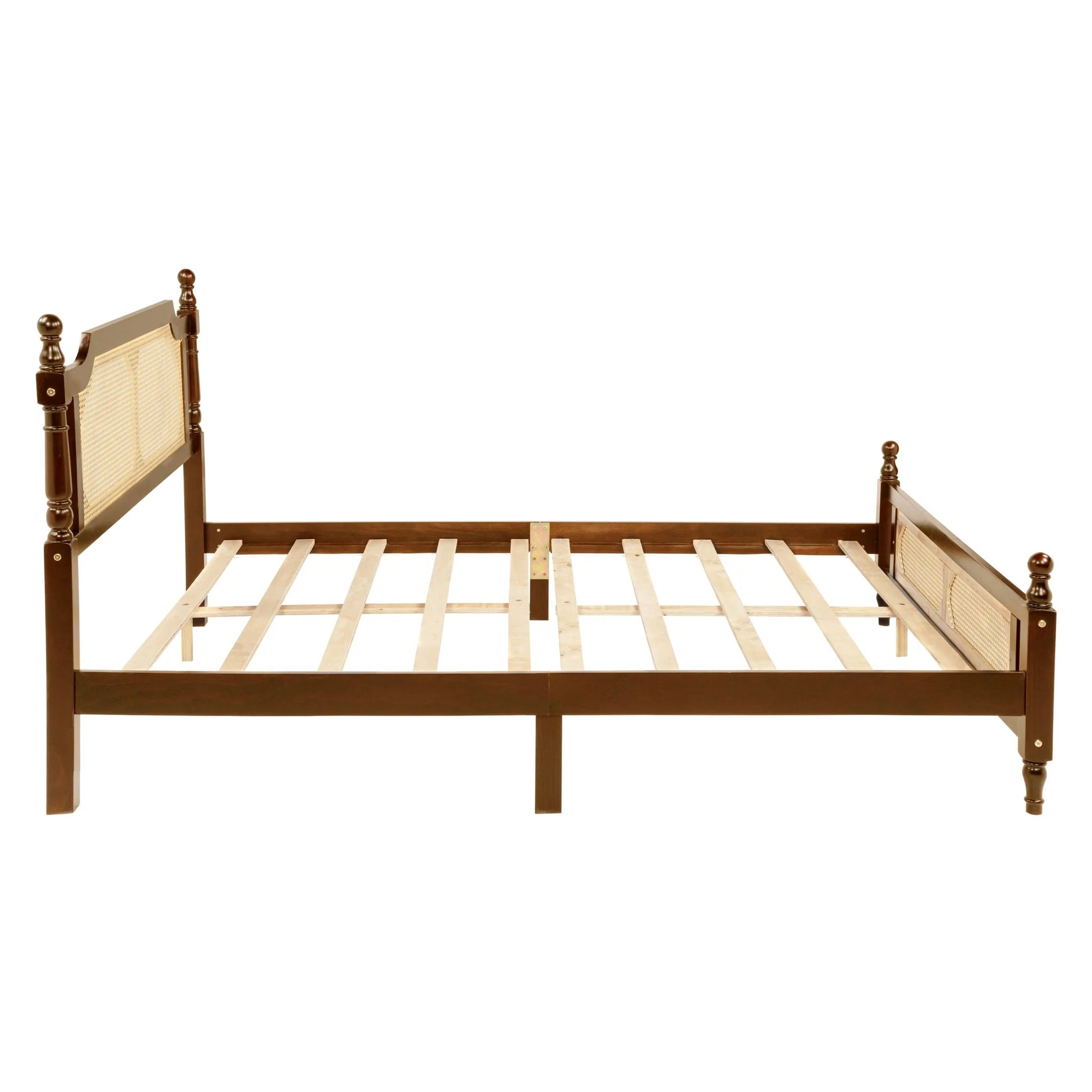 Queen Pine wooden Bed with Rattan Headboard and Footboard, with Central Enhanced Bed Platform, Walnut detail view 11