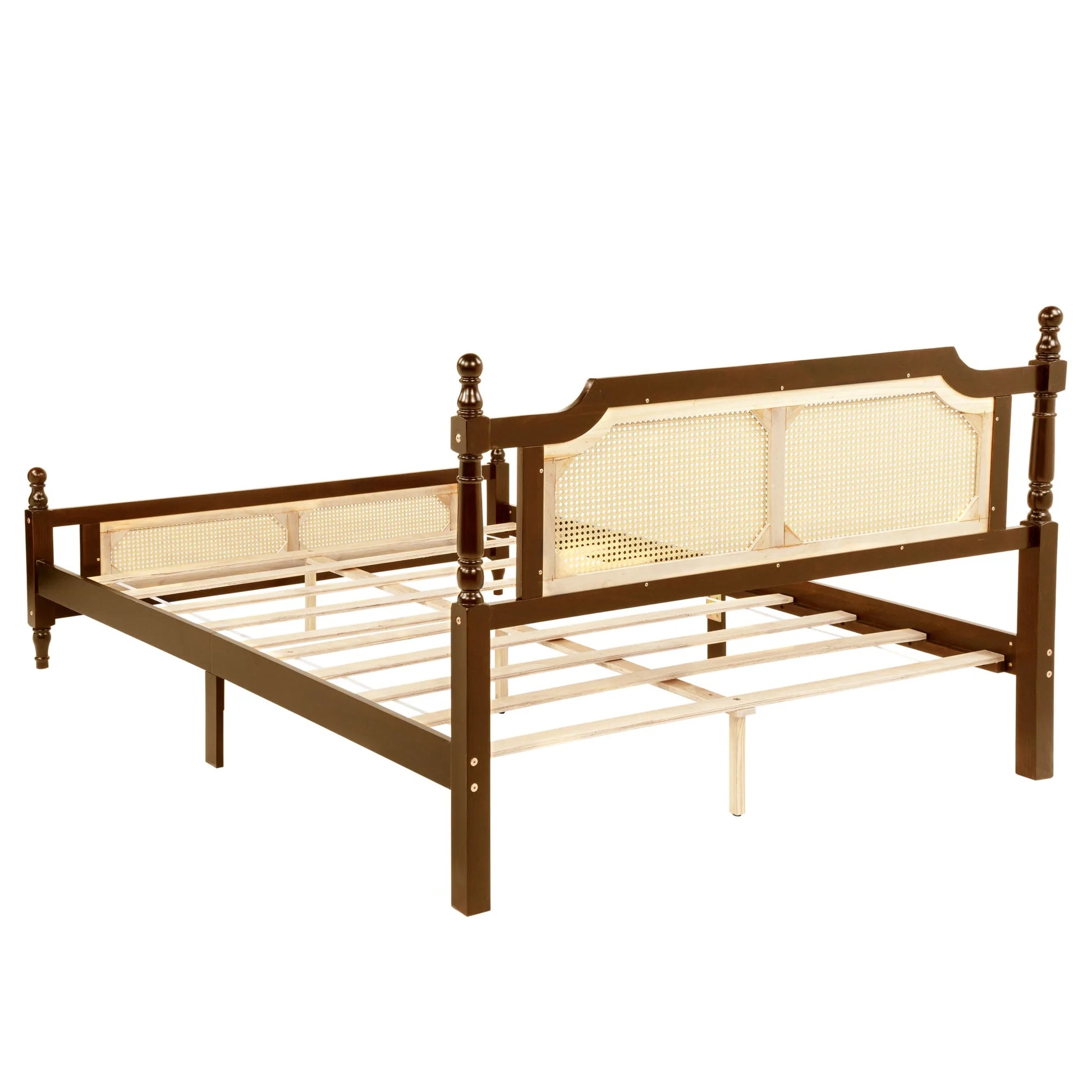 Queen Pine wooden Bed with Rattan Headboard and Footboard, with Central Enhanced Bed Platform, Walnut detail view 12