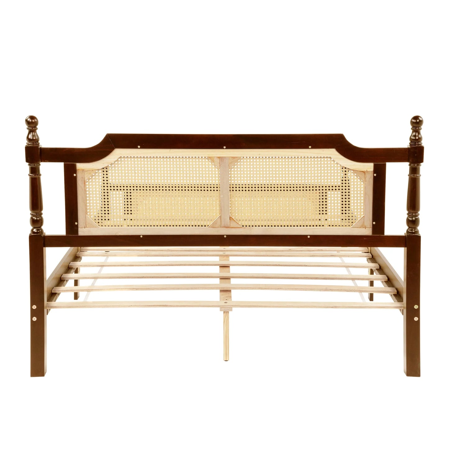 Queen Pine wooden Bed with Rattan Headboard and Footboard, with Central Enhanced Bed Platform, Walnut detail view 13