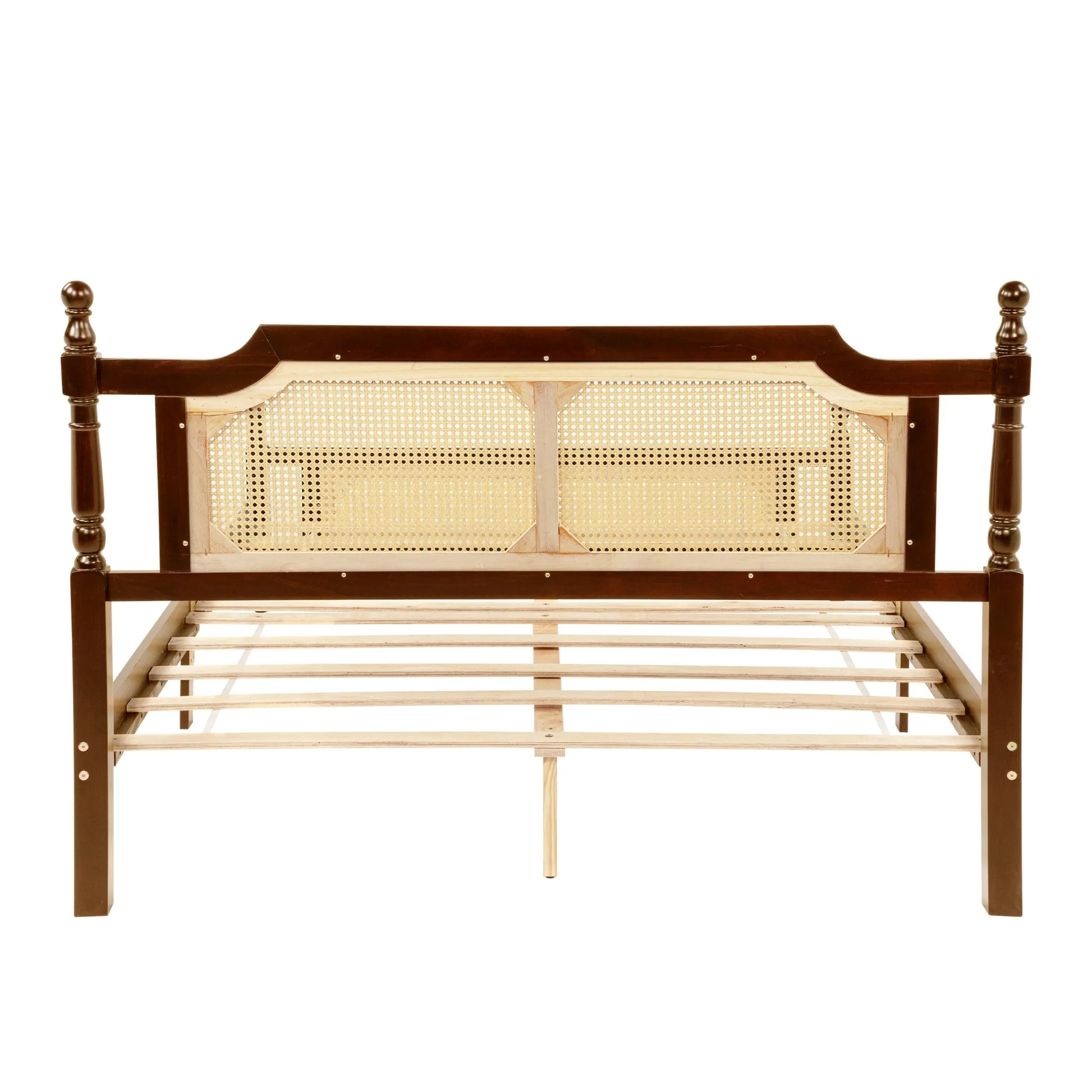 Queen Pine wooden Bed with Rattan Headboard and Footboard, with Central Enhanced Bed Platform, Walnut detail view 13