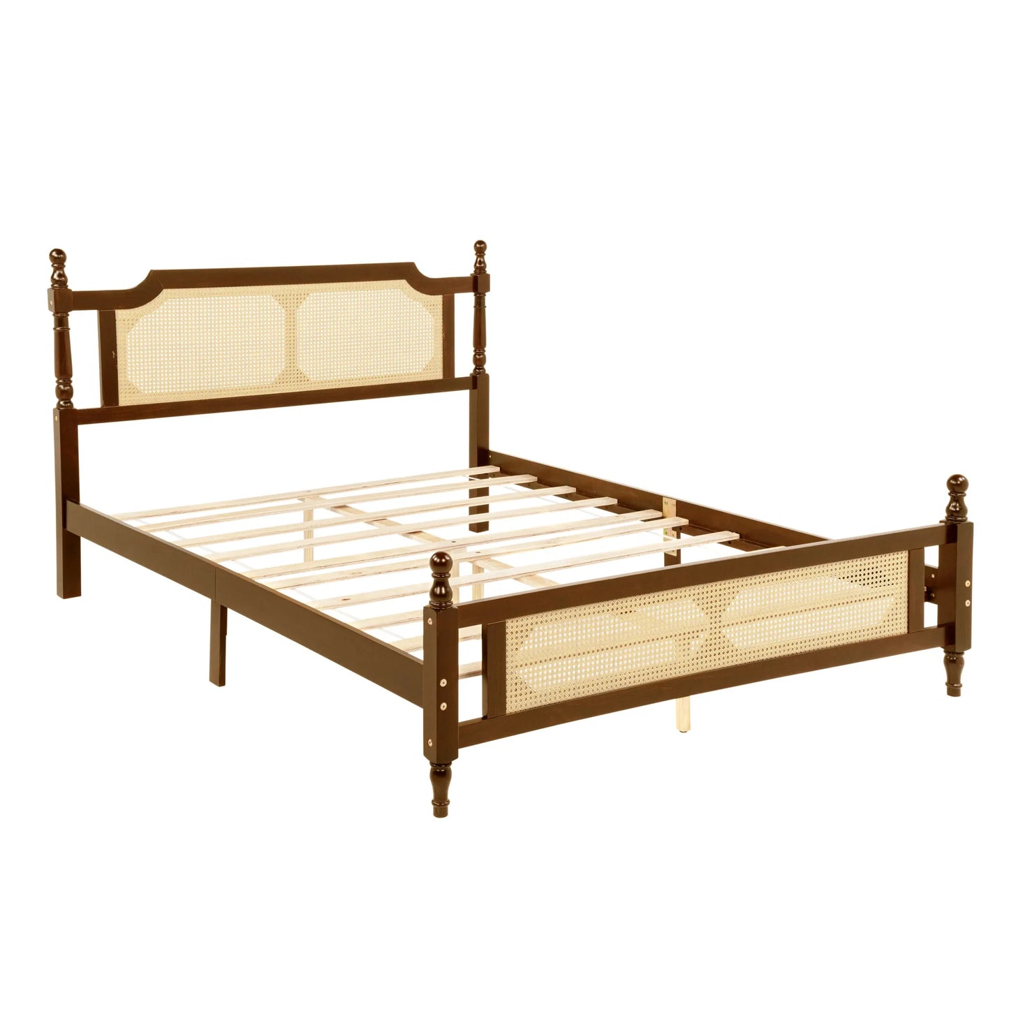 Queen Pine wooden Bed with Rattan Headboard and Footboard, with Central Enhanced Bed Platform, Walnut detail view 14