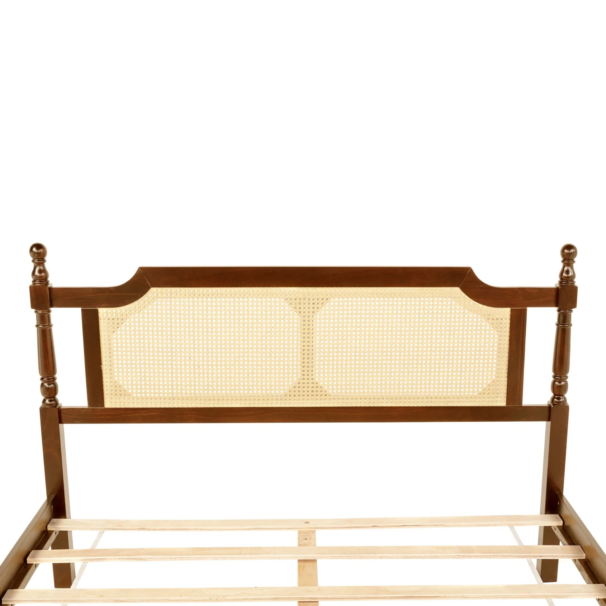 Queen Pine wooden Bed with Rattan Headboard and Footboard, with Central Enhanced Bed Platform, Walnut detail view 16