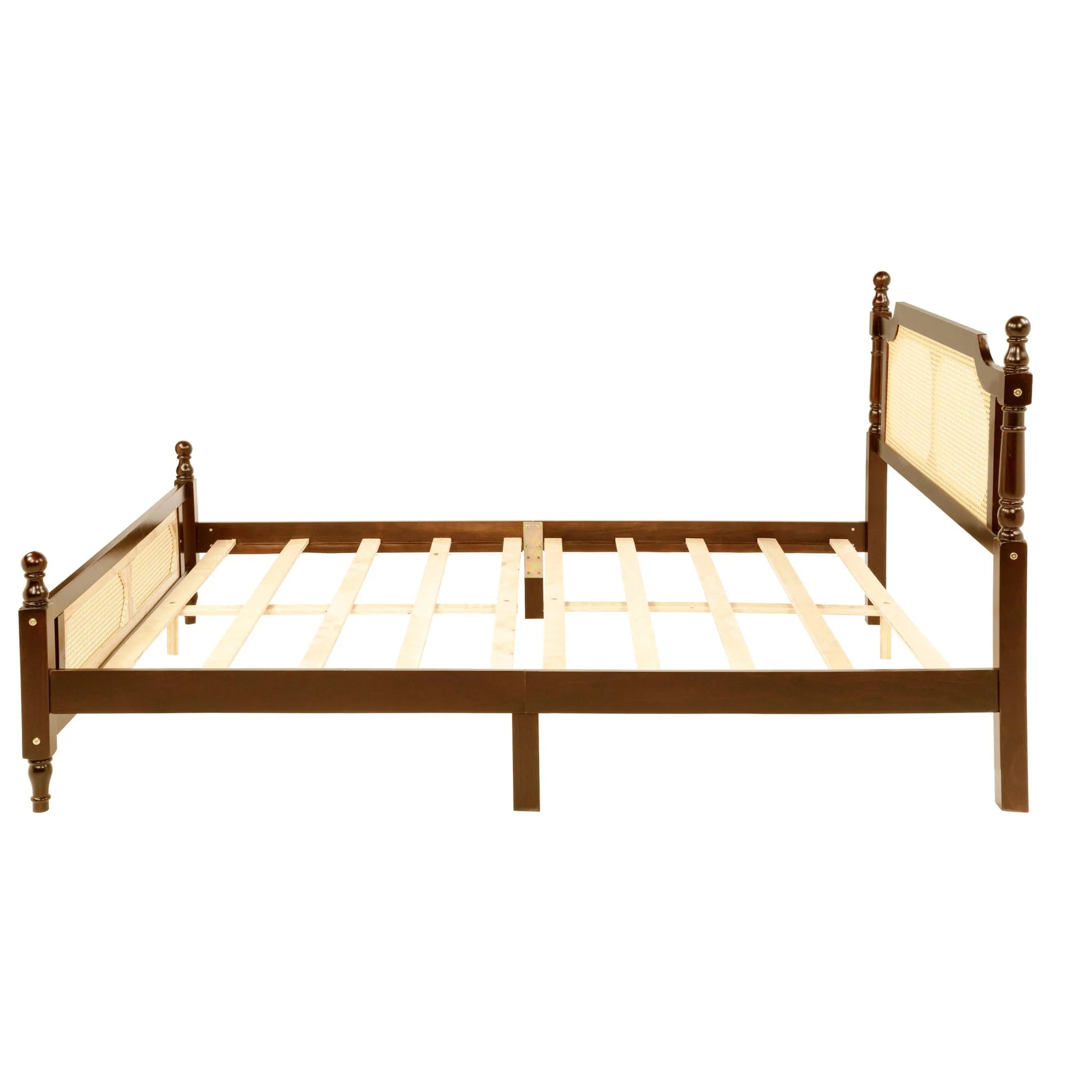 Queen Pine wooden Bed with Rattan Headboard and Footboard, with Central Enhanced Bed Platform, Walnut detail view 17