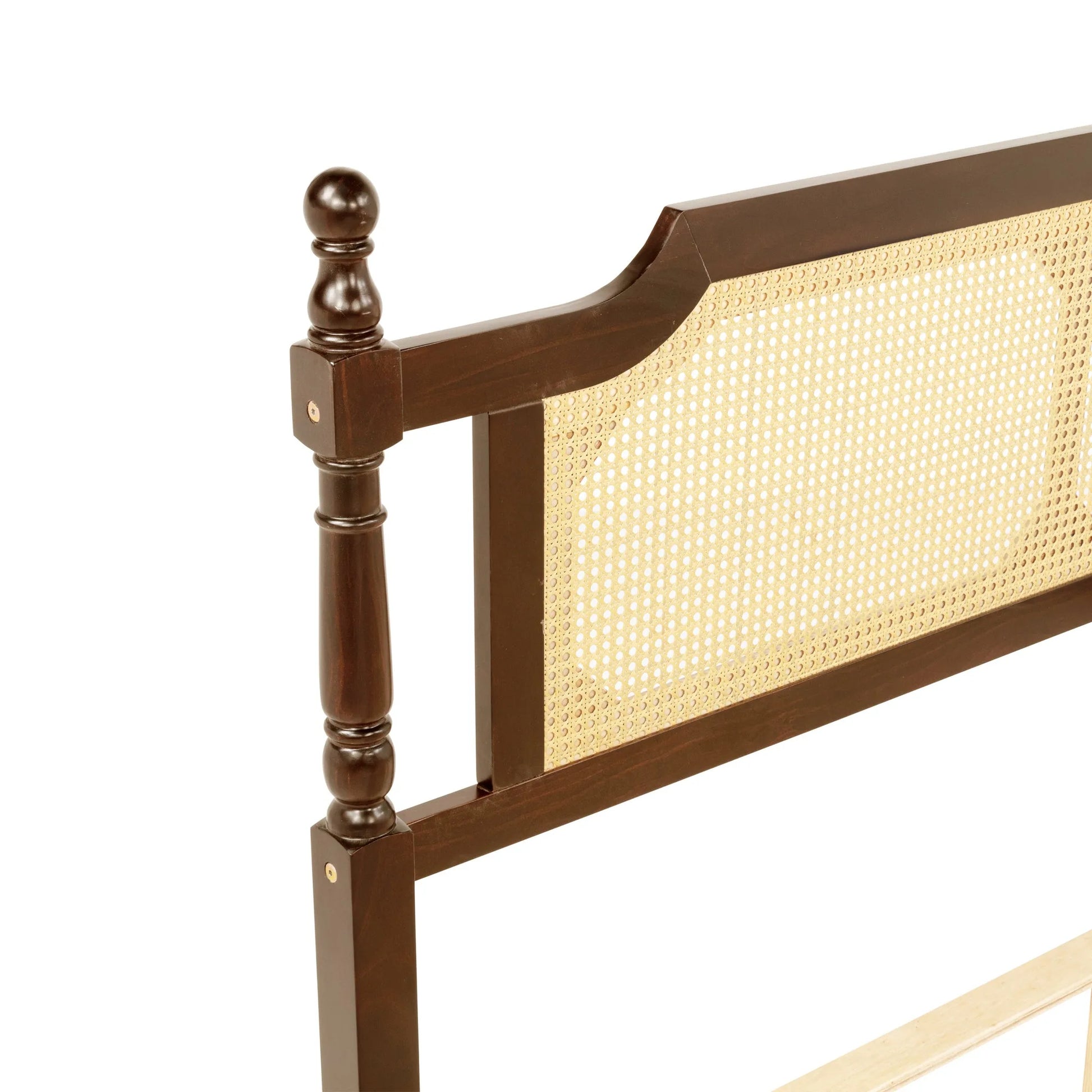 Queen Pine wooden Bed with Rattan Headboard and Footboard, with Central Enhanced Bed Platform, Walnut detail view 18