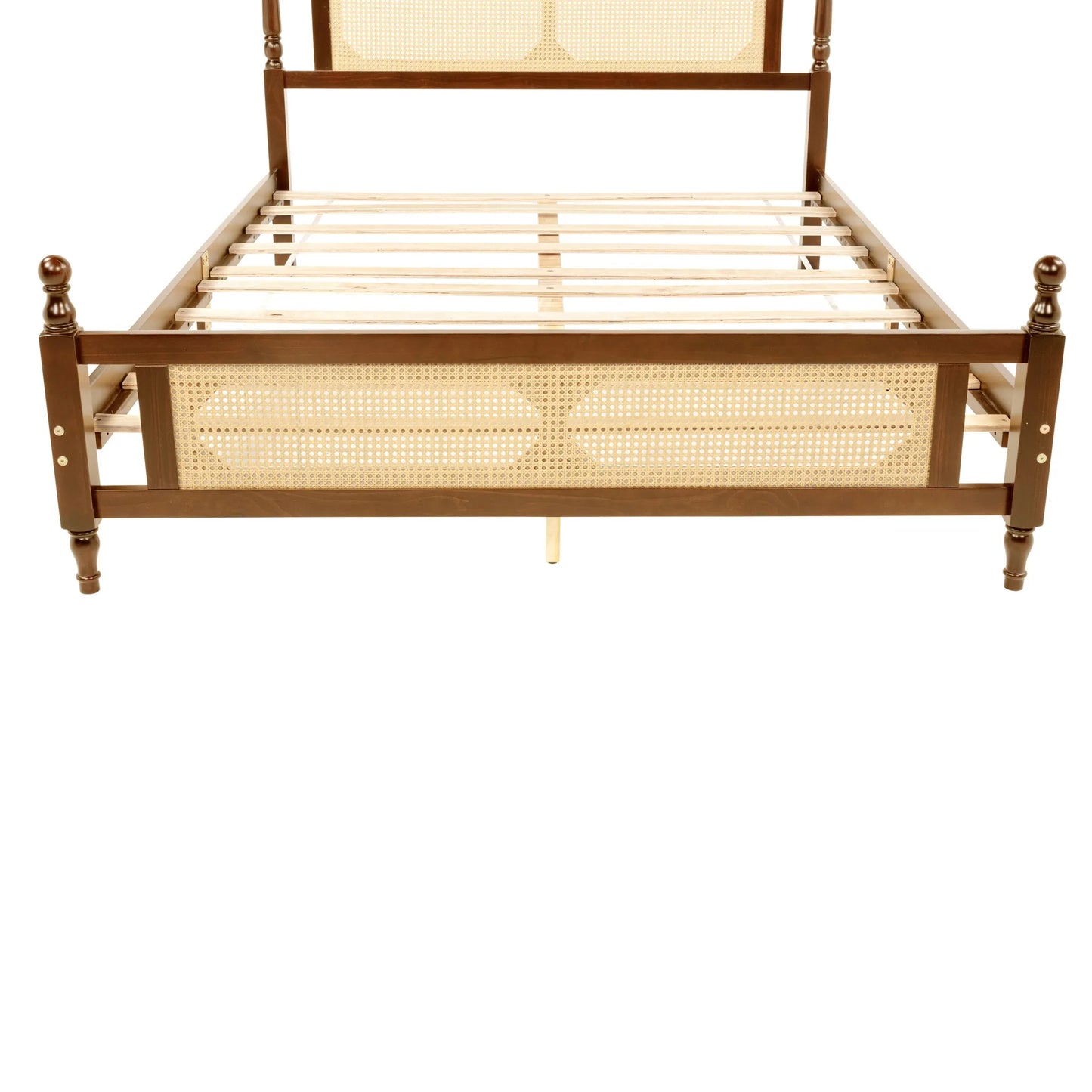 Queen Pine wooden Bed with Rattan Headboard and Footboard, with Central Enhanced Bed Platform, Walnut detail view 20