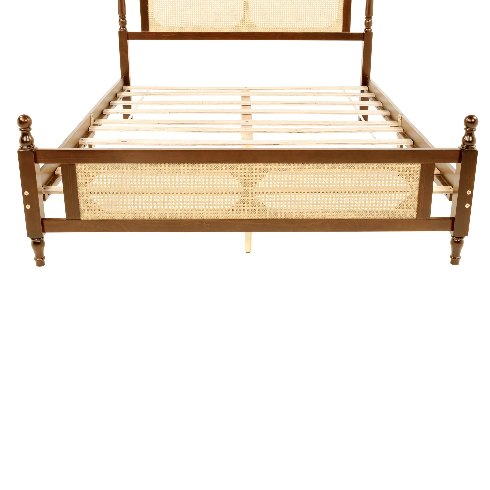 Queen Pine wooden Bed with Rattan Headboard and Footboard, with Central Enhanced Bed Platform, Walnut detail view 20